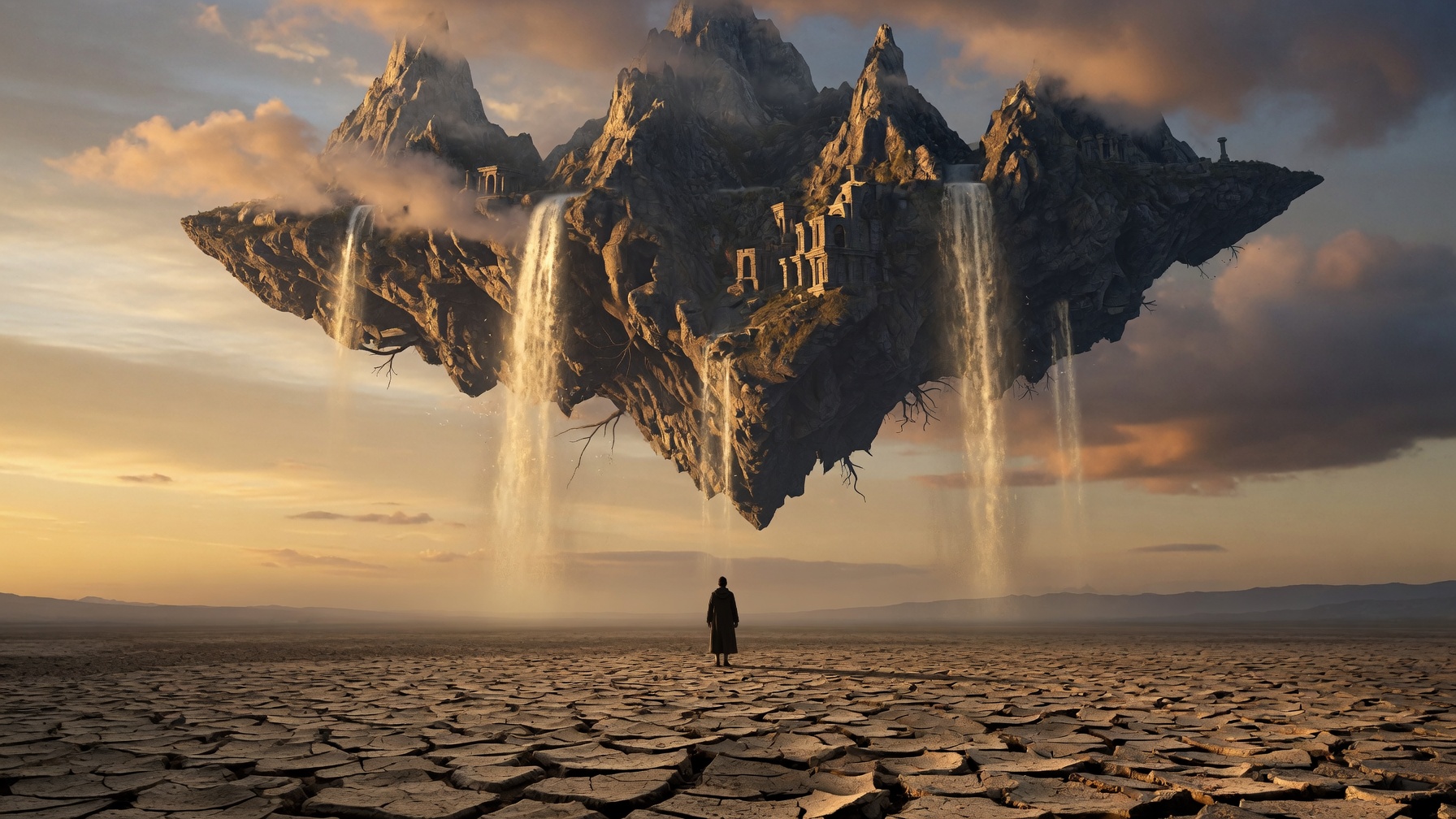 Give me four low ground‑level Ruckenfigur artworks featuring a very small solitary figure viewed fro — AI image prompt — Grok Imagine 2