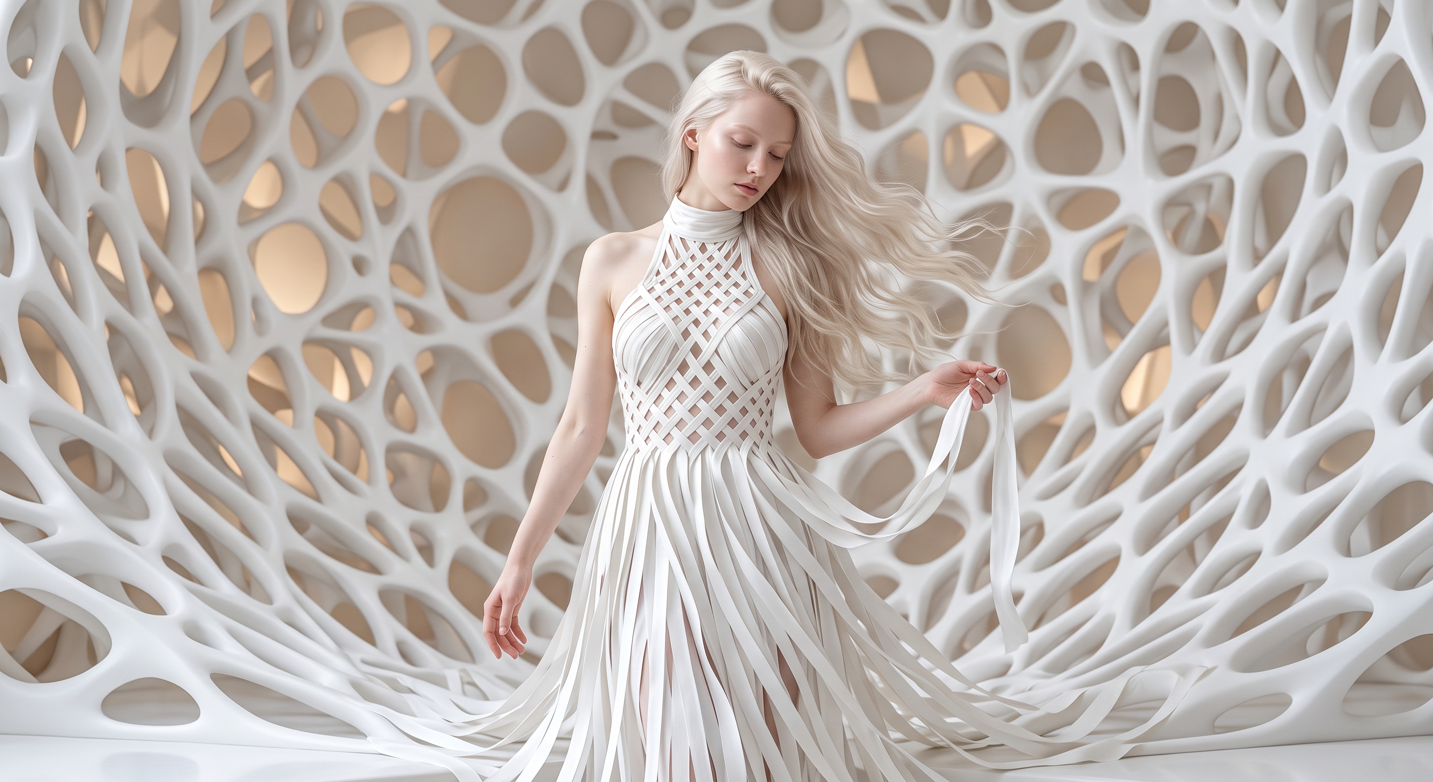 Pale Woman in White Lattice Wall — AI image prompt — Grok Imagine 2 — Fashion, Ethereal, Portrait - 3