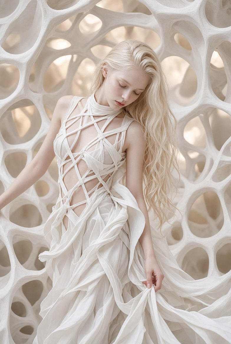 Pale Woman in White Lattice Wall — AI image prompt — Grok Imagine 2 — Fashion, Ethereal, Portrait - 4