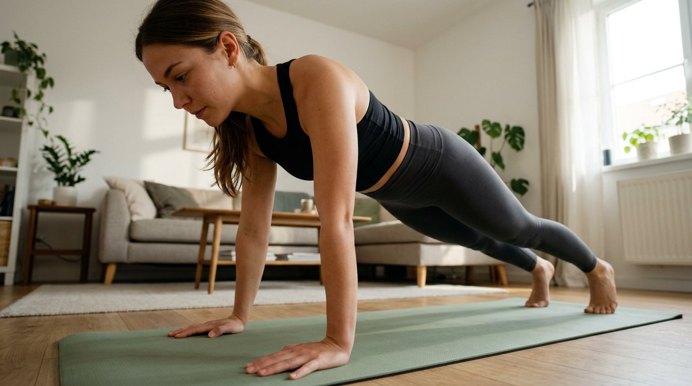 Capture a candid fitness selfie of the person holding a strong plank on the Yoga Mat in the Room. Us — AI image prompt — Nano Banana