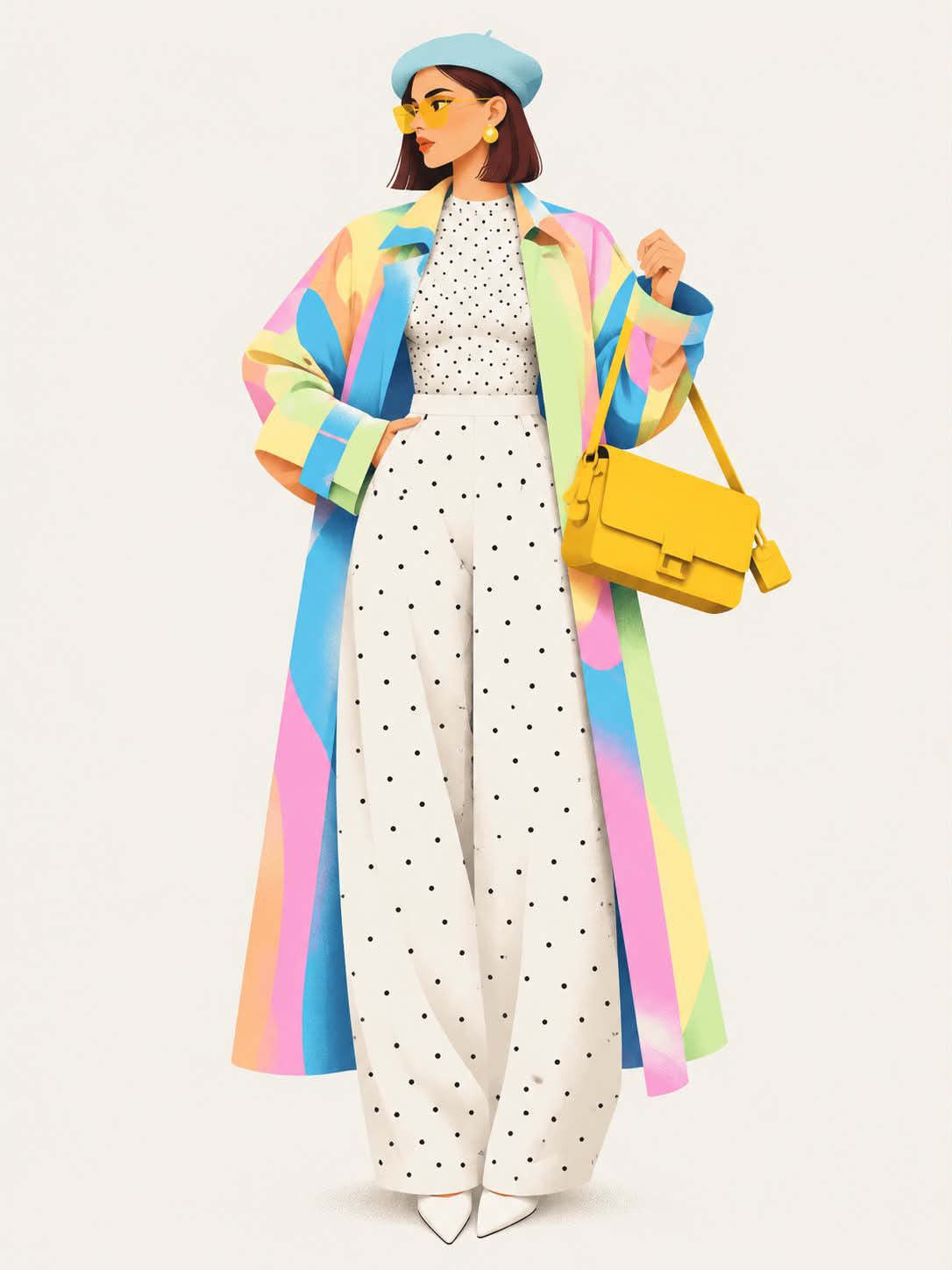 Create a high-end editorial fashion illustration of a stylish woman wearing a bold, contemporary des — AI image prompt — Nano Banana 2.1