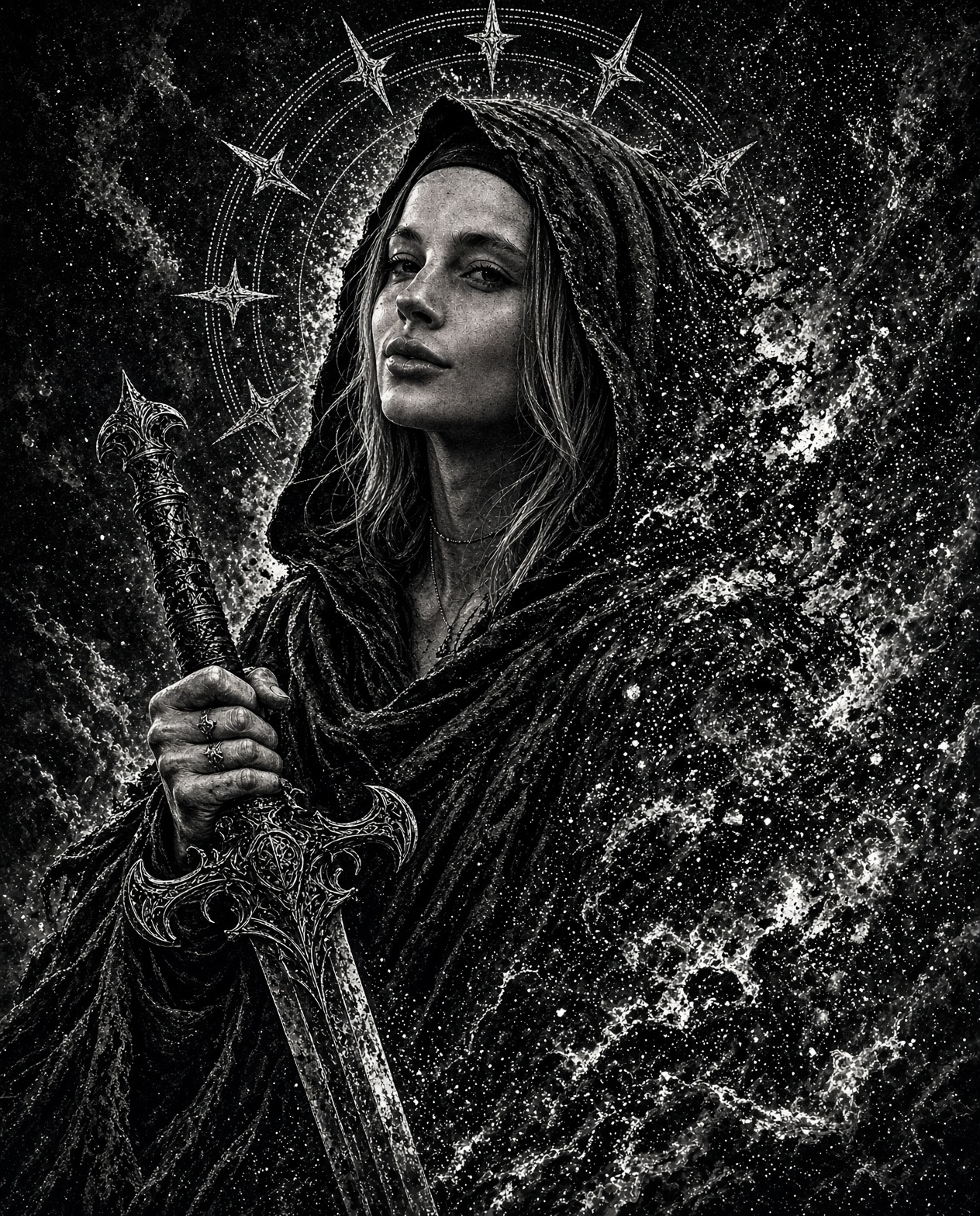 High-contrast black-and-white digital ink illustration, featuring a Gothic metal engraving and black — AI image prompt — Grok Imagine 2