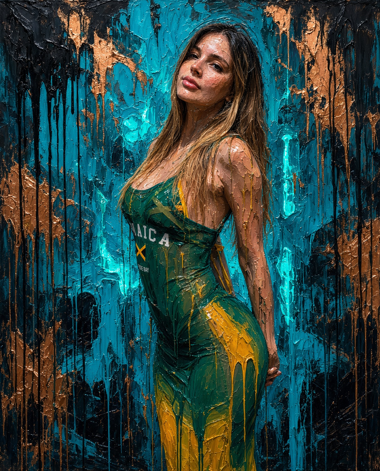 An expressionist, hyper-textured oil painting featuring the attached model, rendered in a heavy impa — AI image prompt — Grok Imagine 2