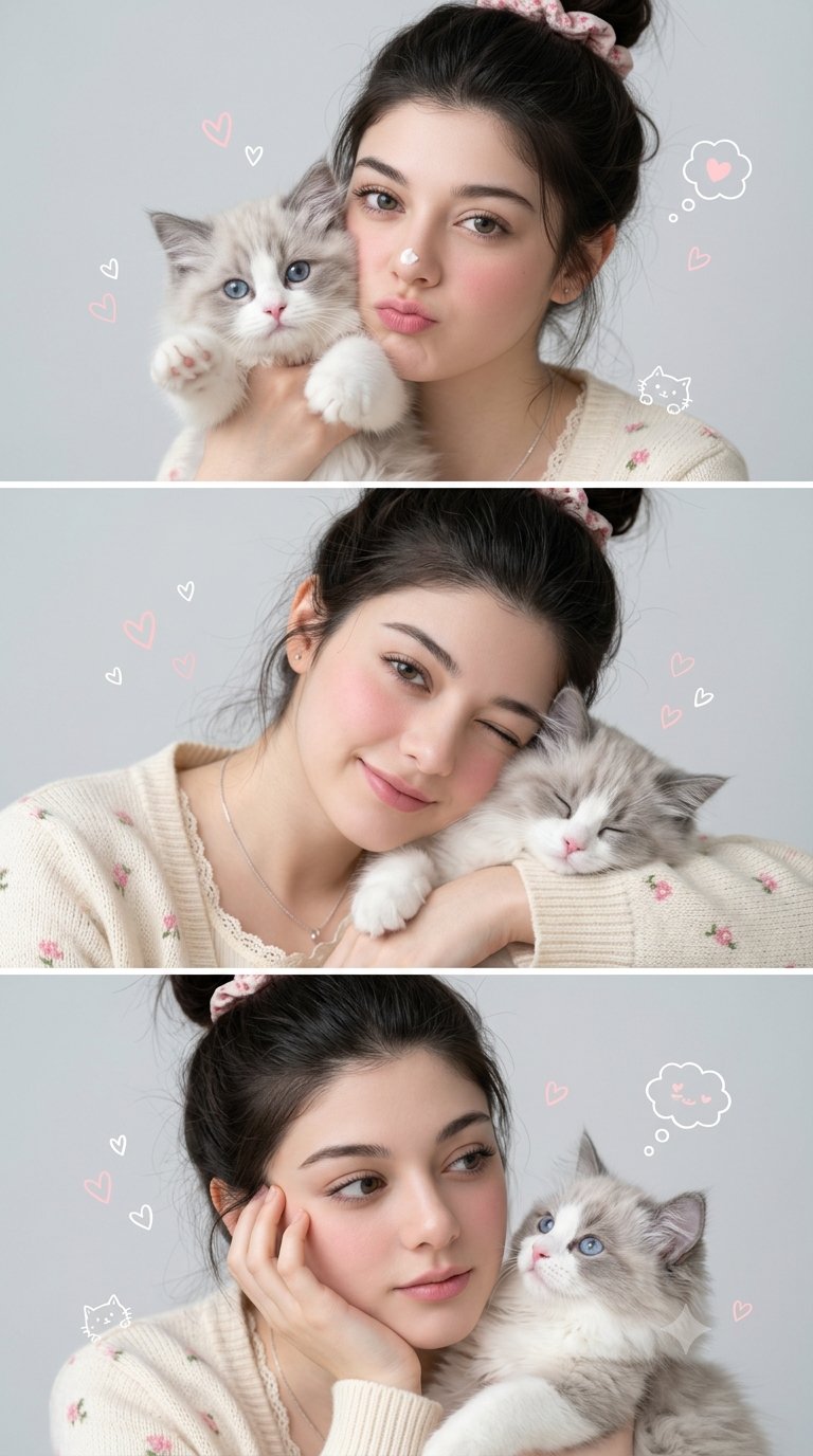 Korean Kawaii Portrait Collage With Ragdoll Kitten — AI image prompt — Nano Banana 2.1 — Fashion, Realistic, Portrait