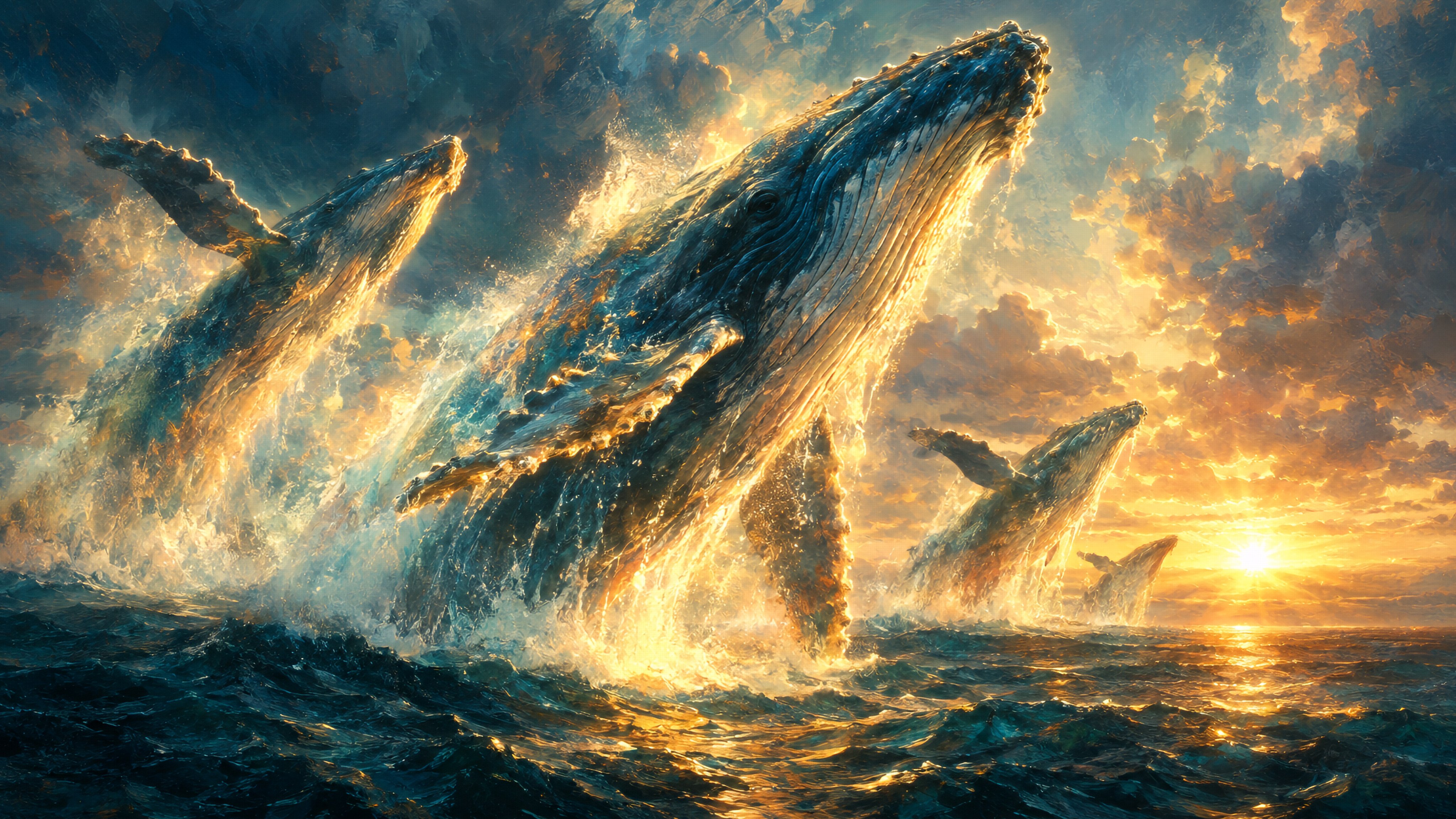 A celebratory, painterly joyous fantasy interpretation of Humpback Whales, cinematic and mythic in t — AI image prompt — GPT Image 2.5