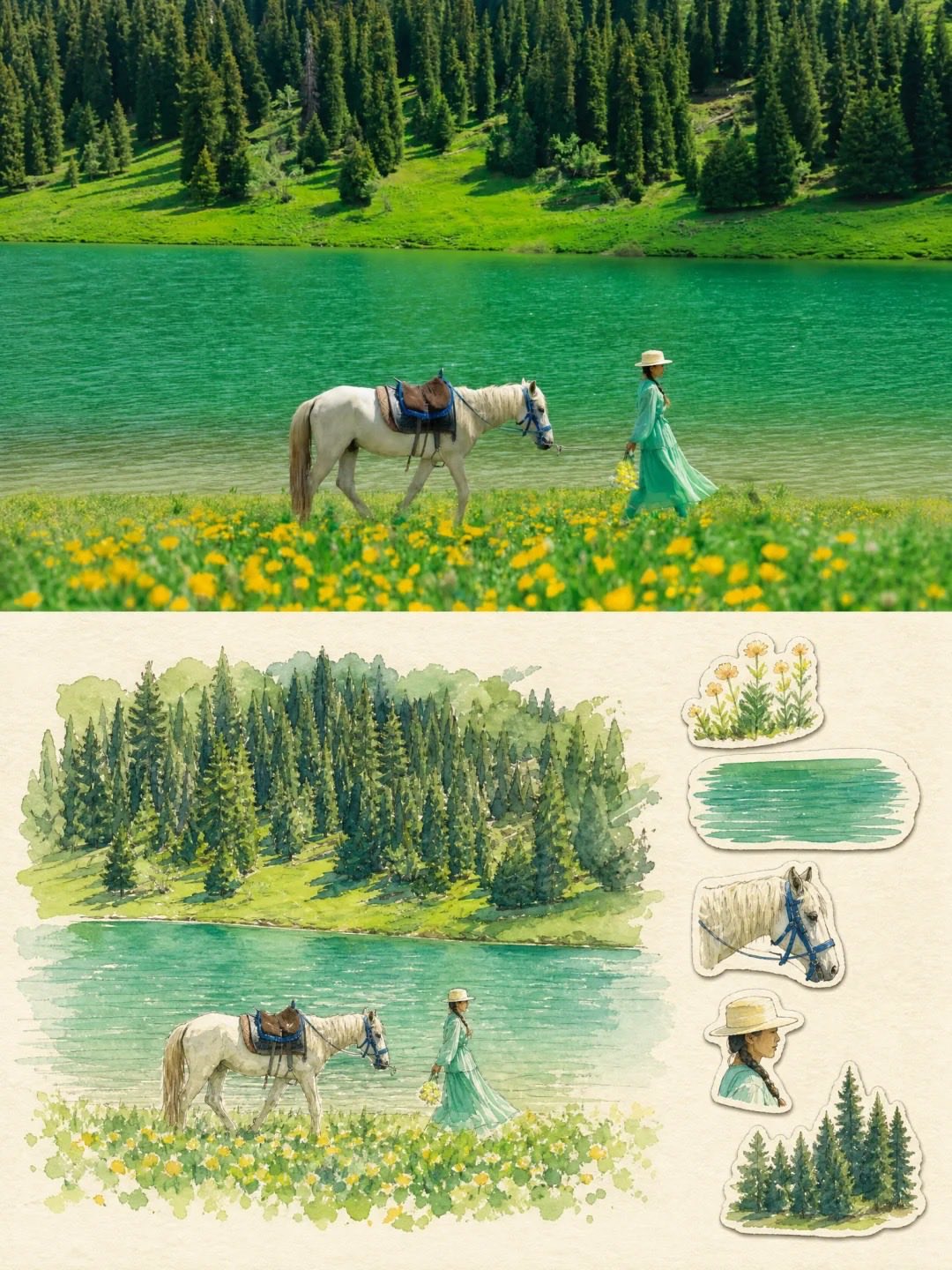 水彩旅行スクラップブックコラージュ — AI image prompt — GPT Image 2.5 — Watercolor, Vintage, Landscape - 2
