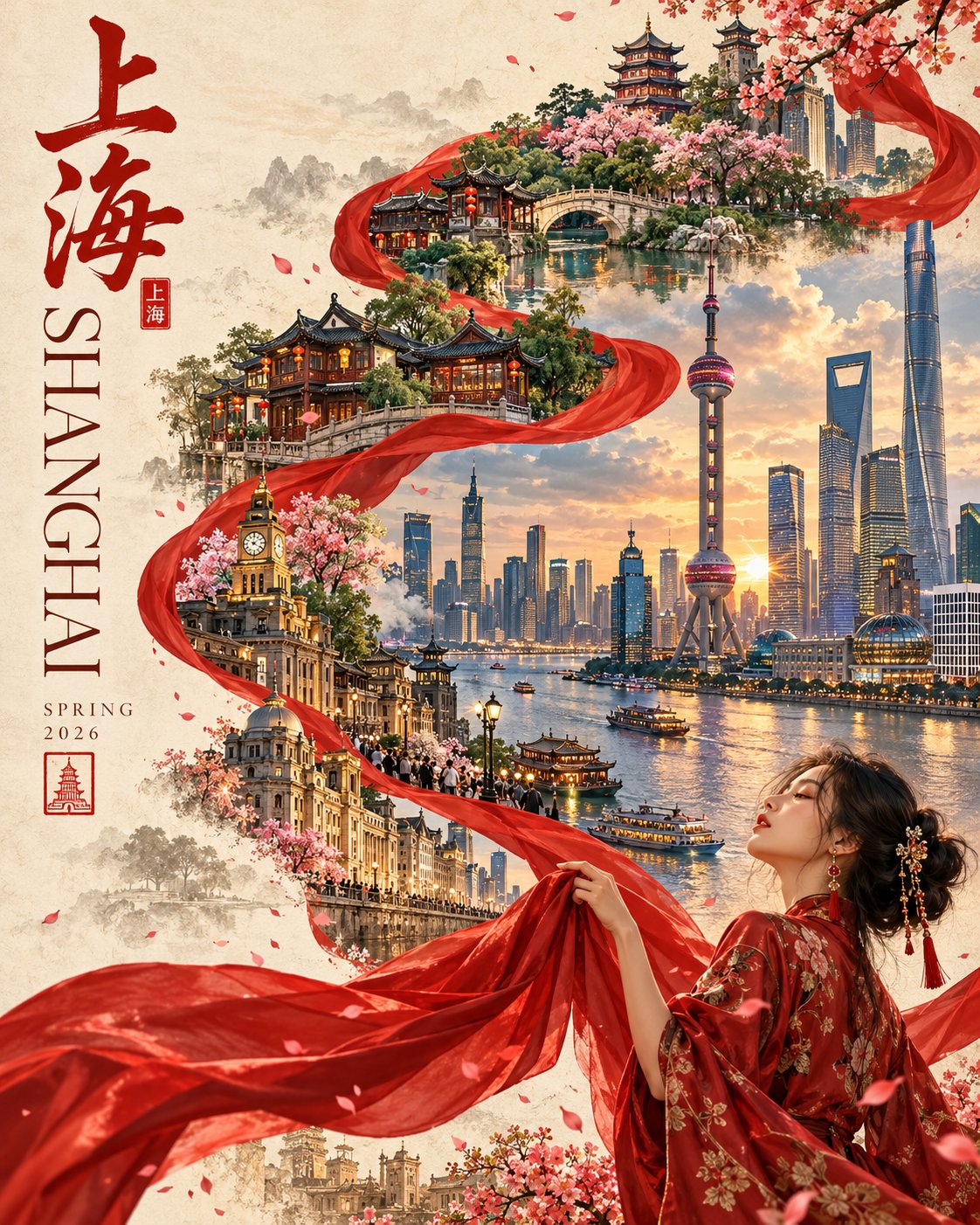 진홍 리본 여행 포스터 — AI image prompt — GPT Image 2.5 — Poster, Digital Art, Fashion - 1