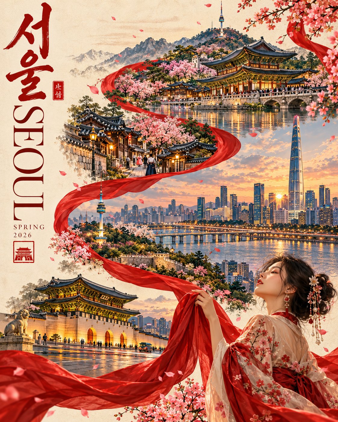 진홍 리본 여행 포스터 — AI image prompt — GPT Image 2.5 — Poster, Digital Art, Fashion - 2