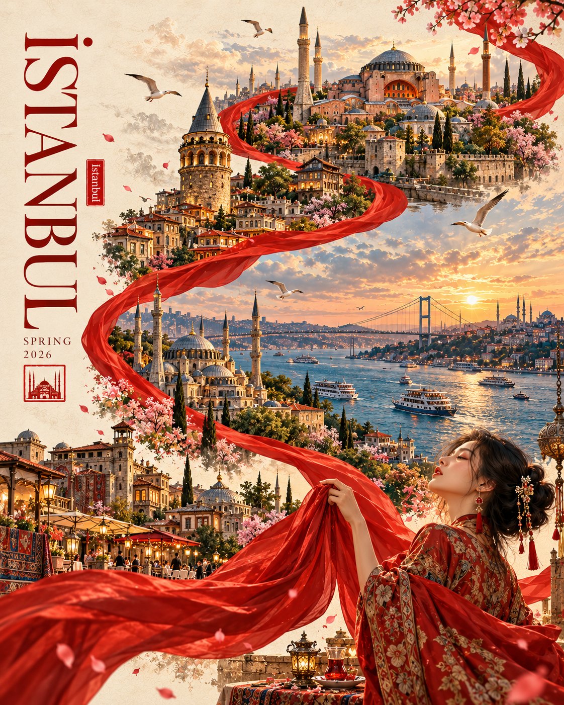 진홍 리본 여행 포스터 — AI image prompt — GPT Image 2.5 — Poster, Digital Art, Fashion - 3