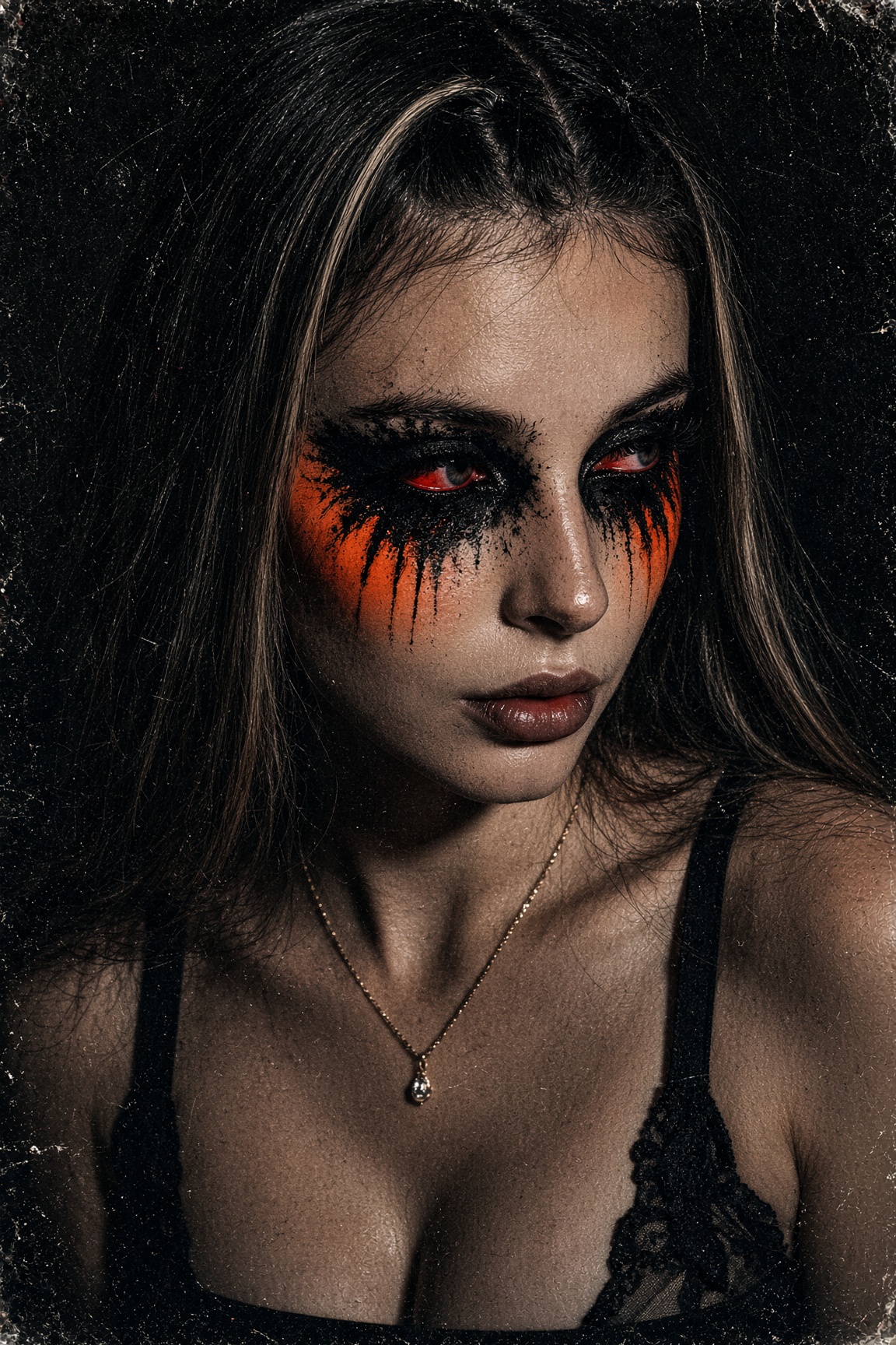 A high-contrast, semi-realistic Gothic-style digital illustration. A vertical close-up of the model  — AI image prompt — Grok Imagine 2