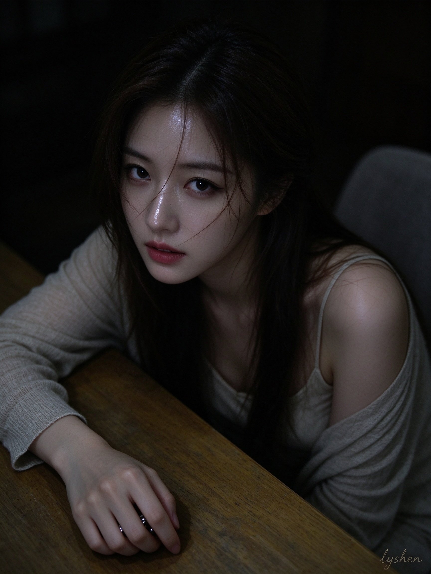 3:4 vertical low-light indoor portrait, shot from a slightly high front angle. The subject sits behi — AI image prompt — Seedream 5