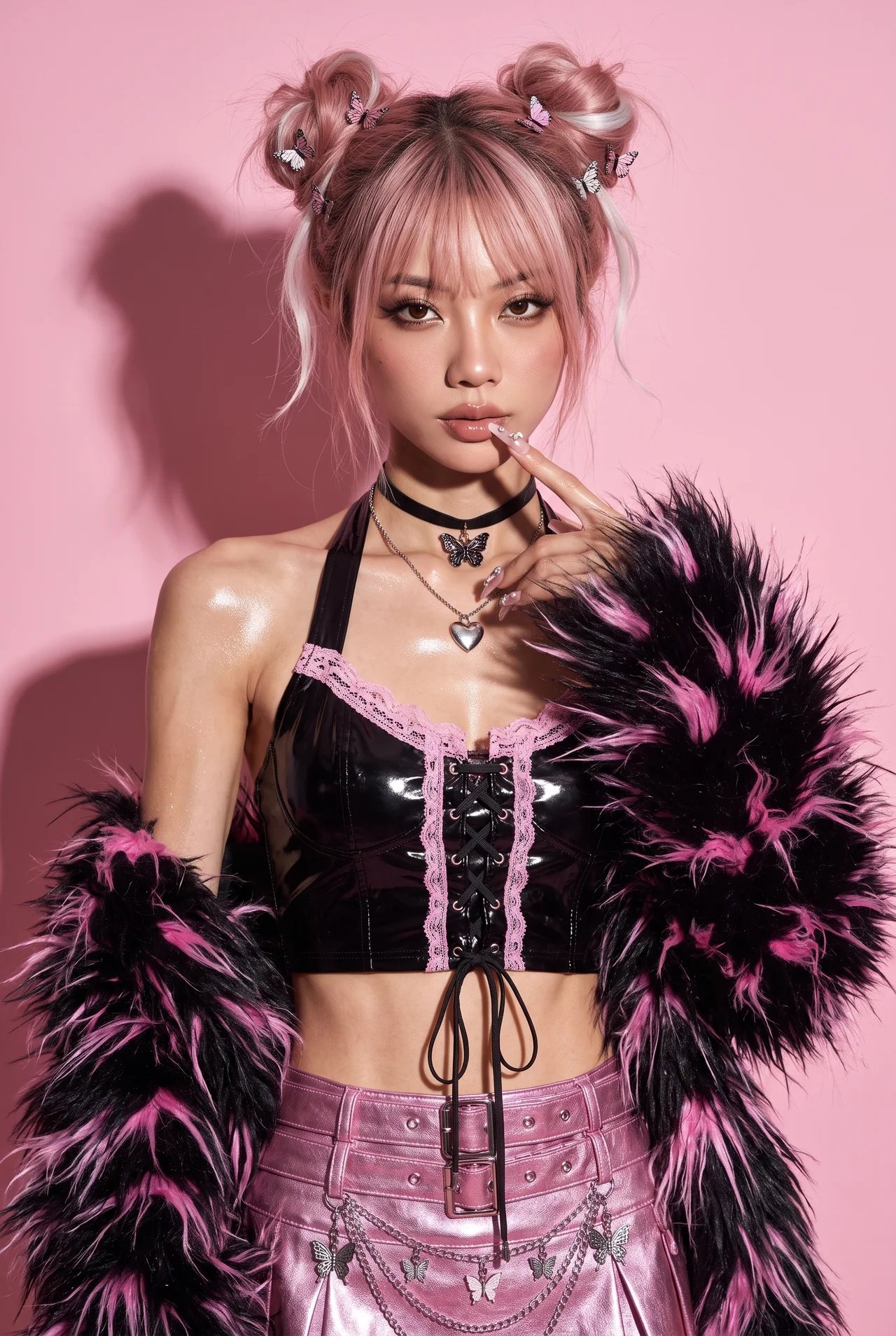 A hyper-realistic high-fashion studio portrait of a stunning young woman @[Image 1](image_1) with an — AI image prompt — Seedream 5