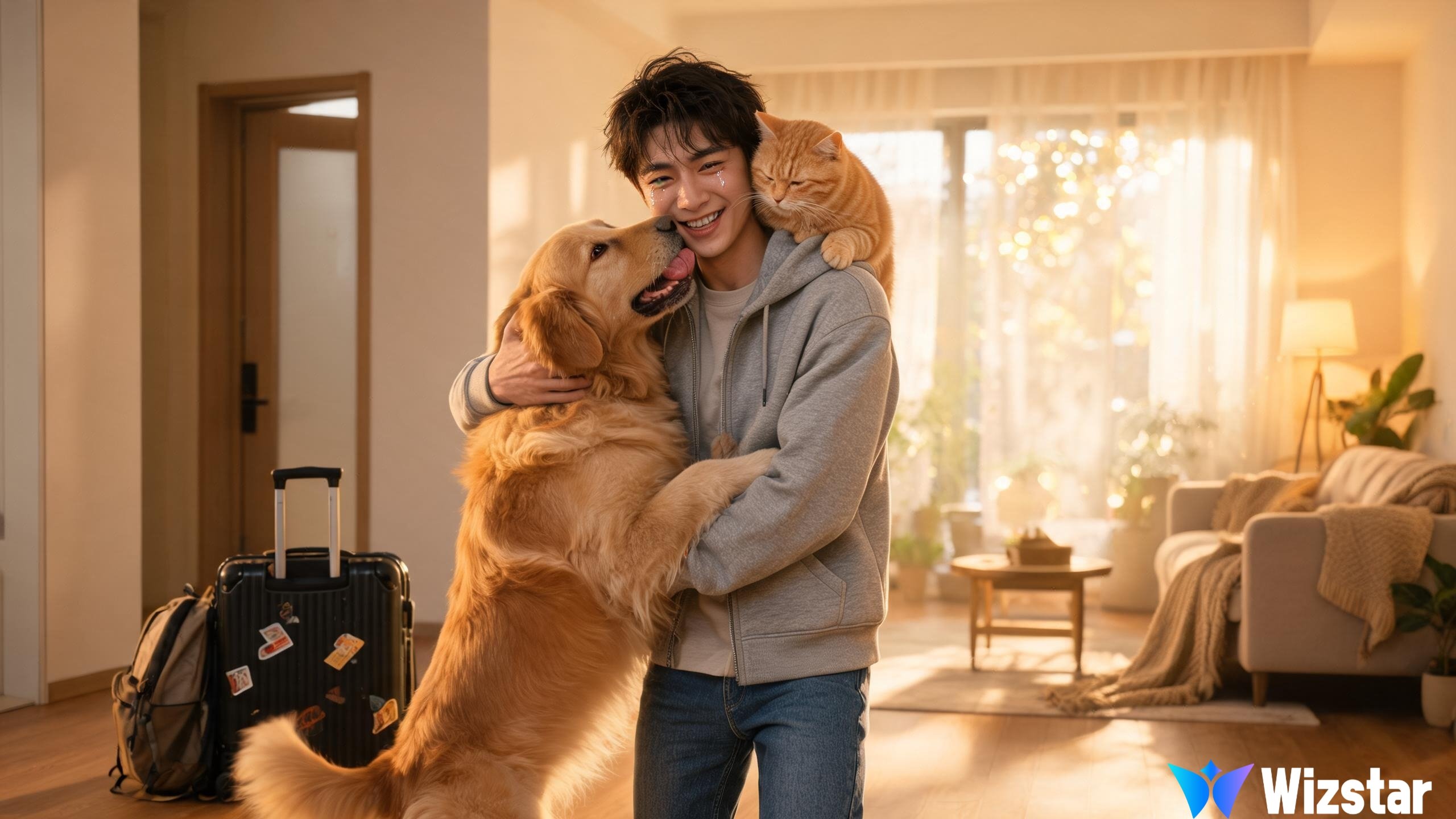 Create a heartwarming, ultra-photorealistic cinematic scene of a young man returning home after livi — AI image prompt — Seedream 5