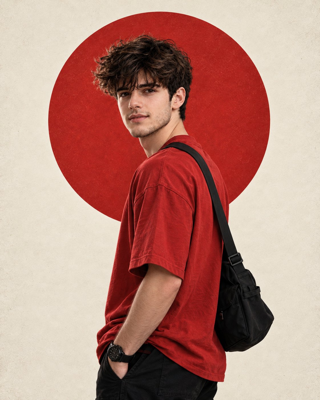 赤い円の編集ポートレート — AI image prompt — GPT Image 2.5 — Fashion, Realistic, Portrait - 2