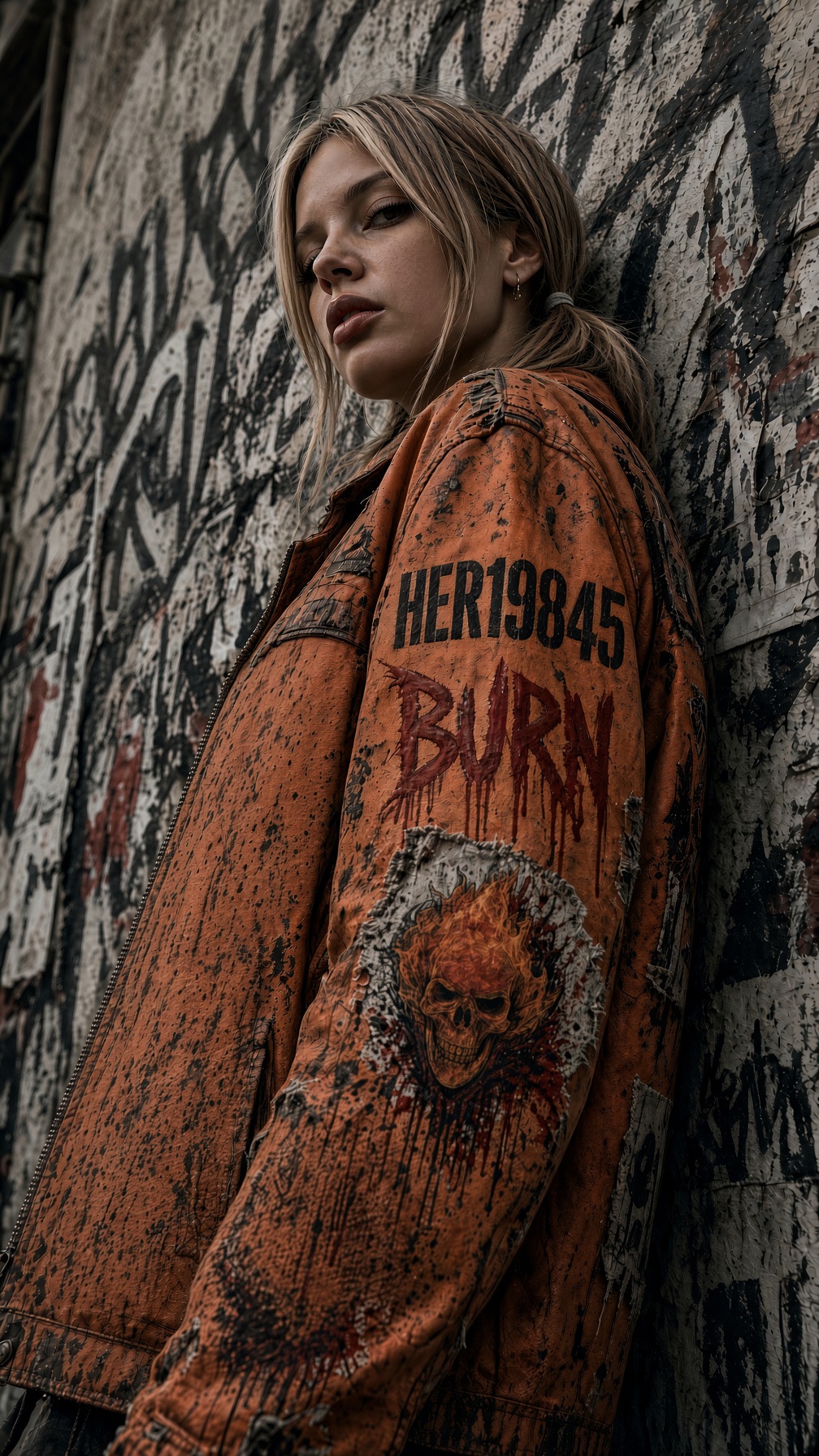 Cinematic, editorial-style portrait photography with an urban punk, post-apocalyptic aesthetic. The  — AI image prompt — Grok Imagine 2