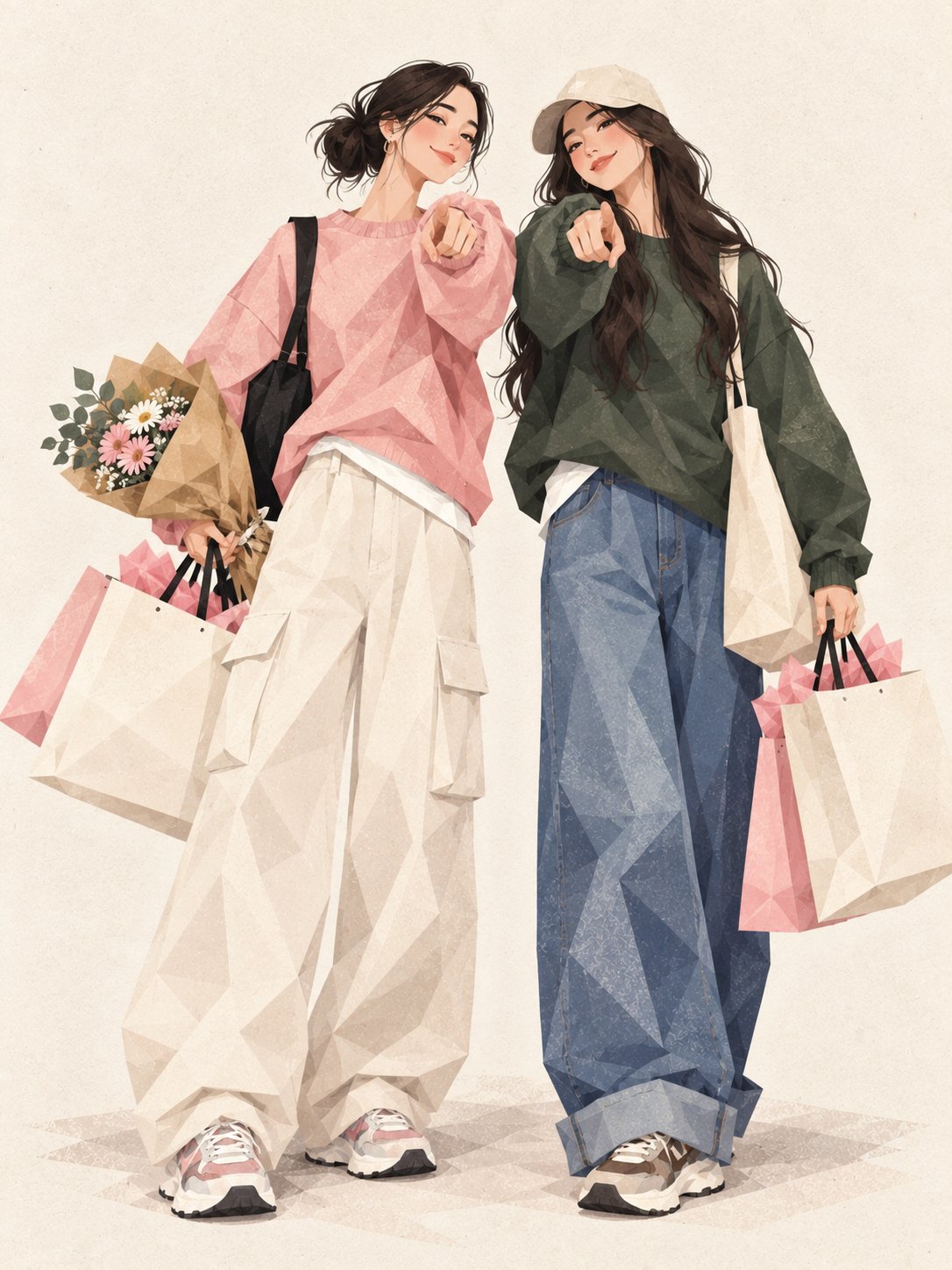 두 친구의 기하학적 패션 일러스트 — AI image prompt — Nano Banana 2.1 — Digital Art, Fashion, Minimalist - 2