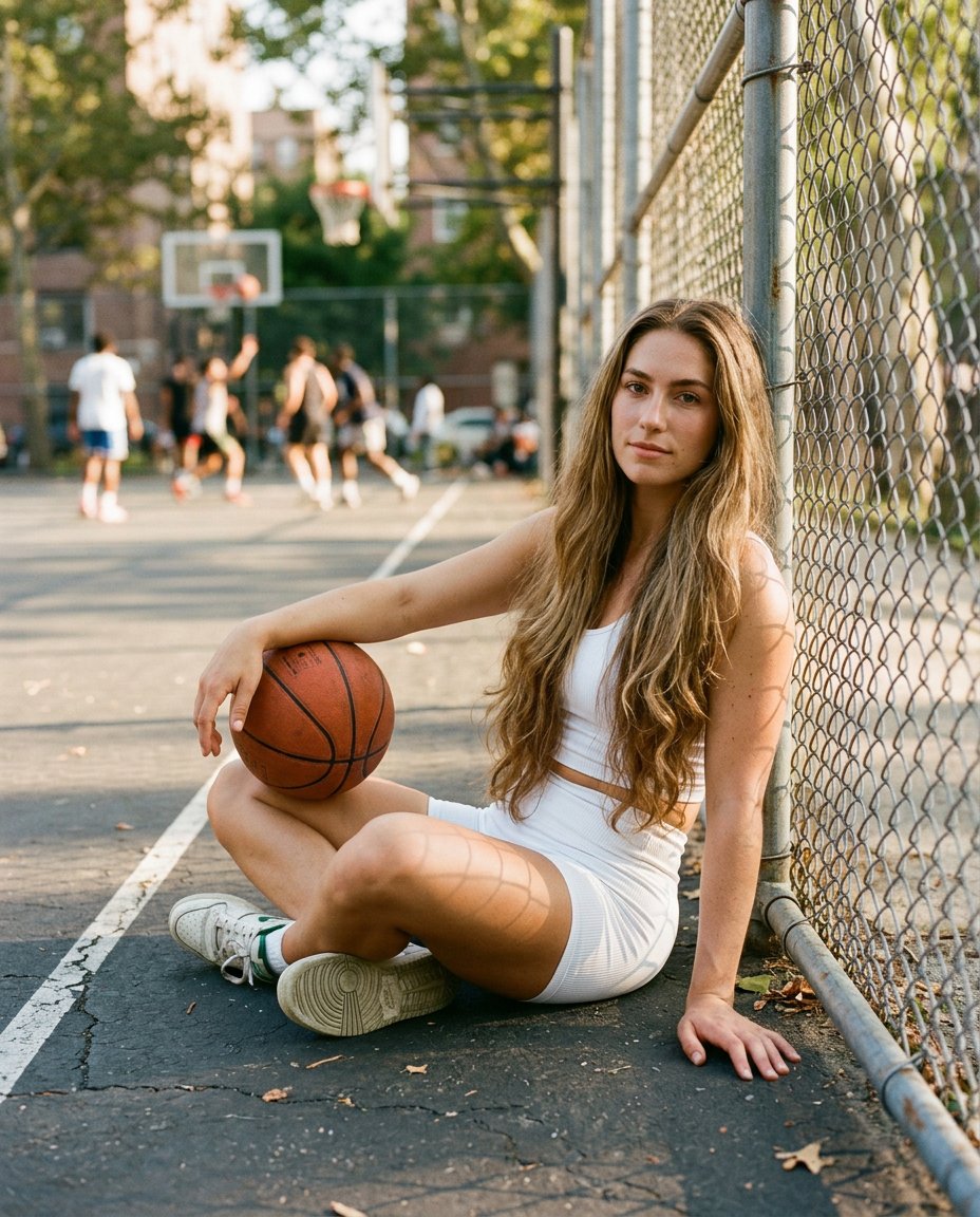 High-resolution color photograph, cinematic. A young athletic woman sits on a basketball court, lean — AI image prompt — Nano Banana