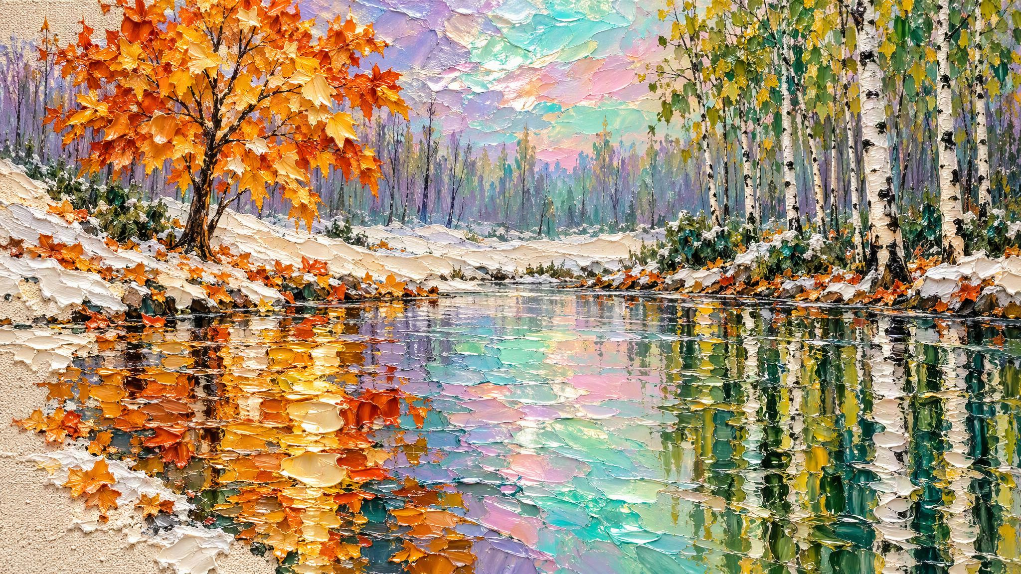 在粗糙颗粒感底材上的极厚厚涂油画，雕塑般的调色刀颜料以真正的三维花瓣和厚板状立起，宽幅16:9全景构图。满幅延伸至边缘，无画框，无边框。

天空：明亮虹彩的天空充满中上部，渲染着柔和的粉彩薰衣草紫、薄 — AI image prompt — GPT Image 2.5