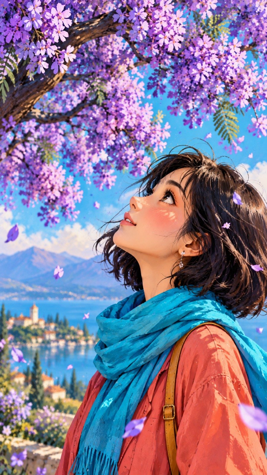 {
  "prompt": "鮮やかで表現力豊かな絵本のイラストスタイルで、美しい縦長9:16のデジタルペインティングを制作してください。ショートのダークボブヘアの若い女性が構図の右下部分に立ち、見事 — AI image prompt — GPT Image 2.5