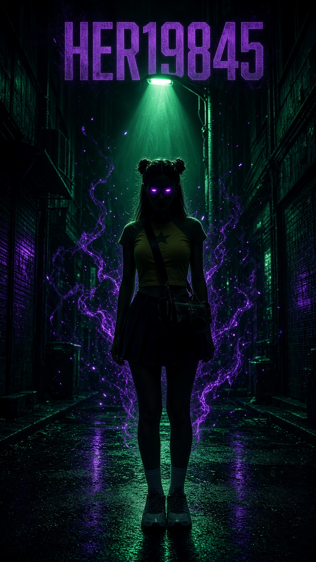 A promotional poster for a video game, featuring a dark cyberpunk and film noir aesthetic. A full-le — AI image prompt — Grok Imagine 2