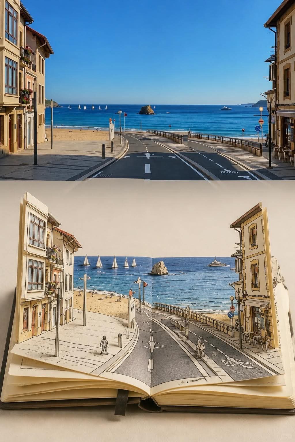 構図の参考として参照画像を使用し、穏やかな海辺の道を驚くほど写実的な水彩画へと変容させてください。曲がりくねった海岸沿いの道が輝く青い海へと続き、伝統的な海辺の建物、青々とした木々、街灯、道路標示、遠 — AI image prompt — GPT Image 2.5