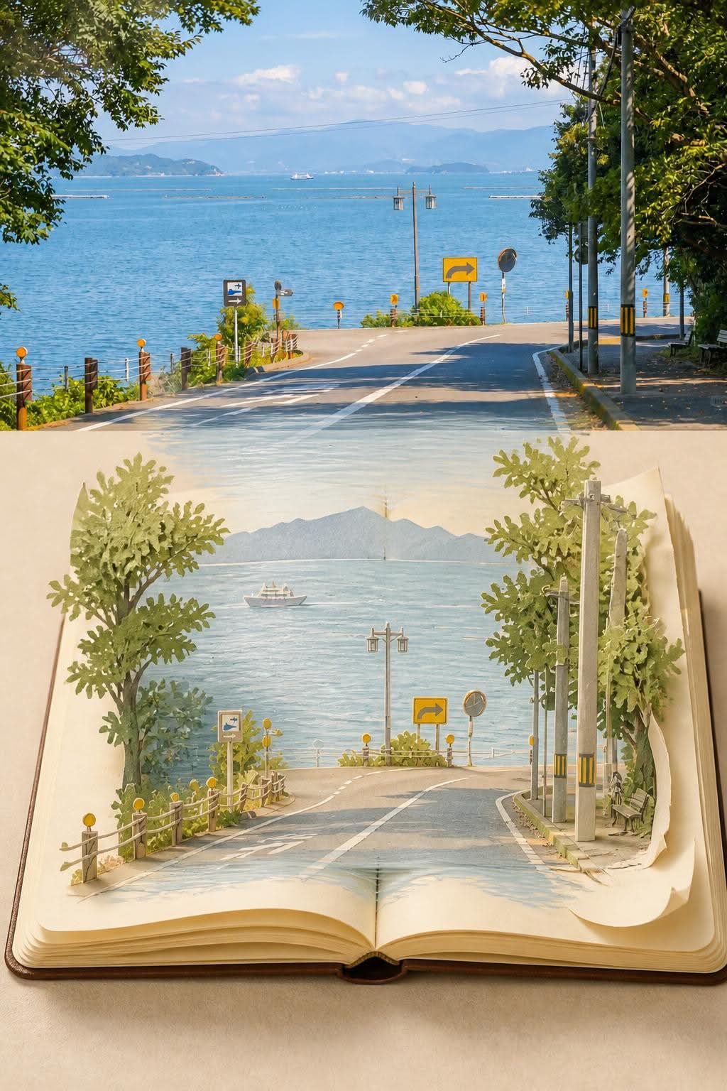 海辺の道ポップアップ絵本シーン — AI image prompt — GPT Image 2.5 — Surreal, Watercolor, Vintage - 2