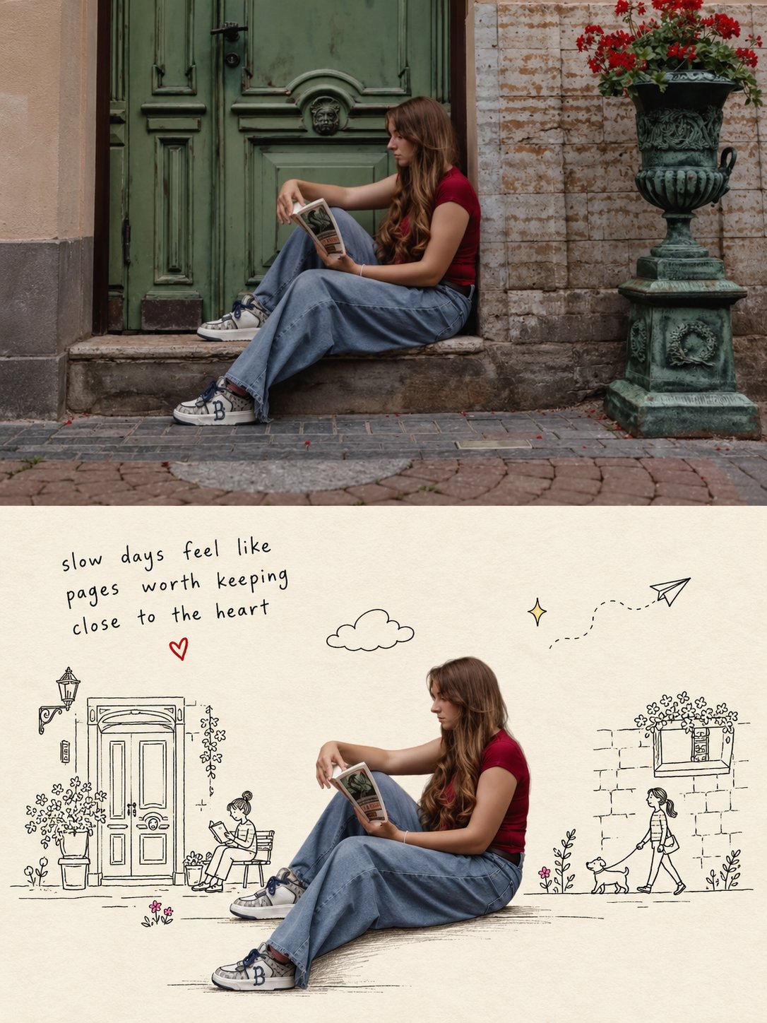 縦長3:4のビフォーアフター画像を作成する。同じ高さの2つのパネルを上下に積み重ねる。

上のパネル（ビフォー）：提供された元の写真をそのまま完全に無編集で使用 — 同じ被写体、ポーズ、背景、色、照明 — AI image prompt — GPT Image 2.5