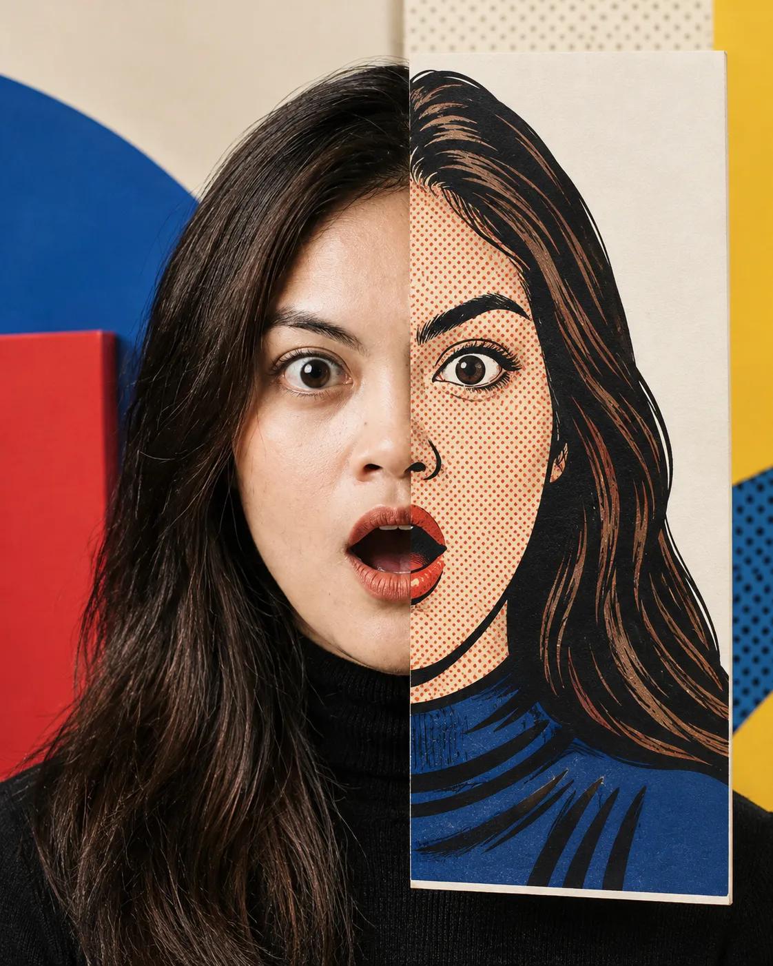Pop Art Split-Face Astonishment Portrait — AI image prompt — Nano Banana 2.1 — Cinematic, Realistic, Portrait - 2
