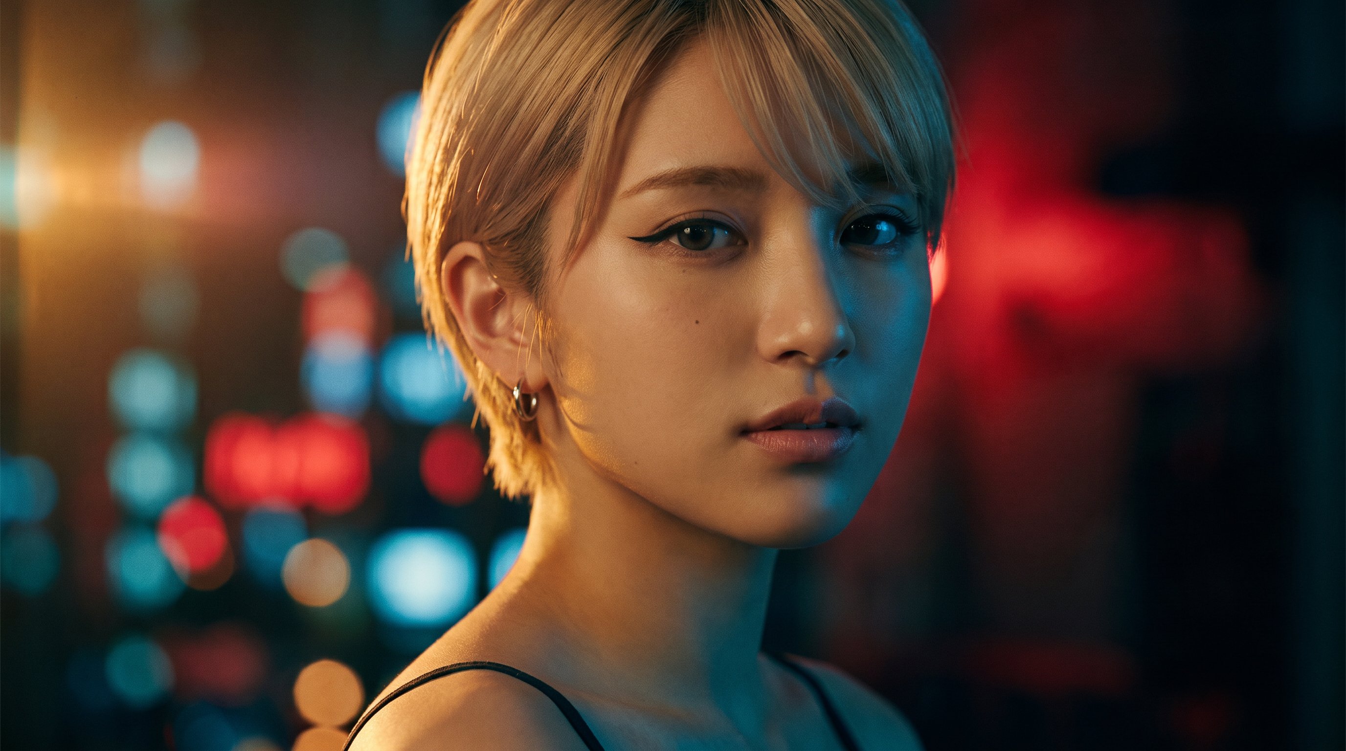 A close-up portrait of a young East Asian woman with short blonde pixie and side-swept bangs and win — AI image prompt — Nano Banana Pro