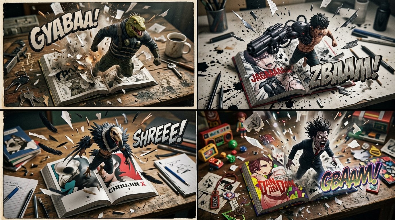 2x2 grid, 16:9, do this for 4 Chainsaw man like but lesser known manga: // PHYSX PARTICLE EMITTER LO — AI image prompt — Nano Banana 2.1