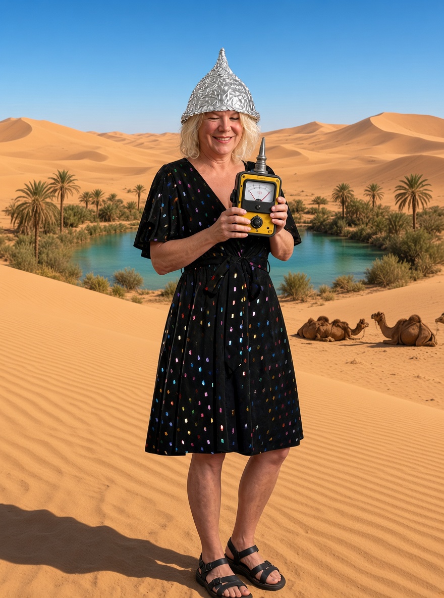 Add a tin foil hat.  Put her in the desert.  Black sandals.  And a Geiger counter instead of phone.. — AI image prompt — Grok Imagine 2
