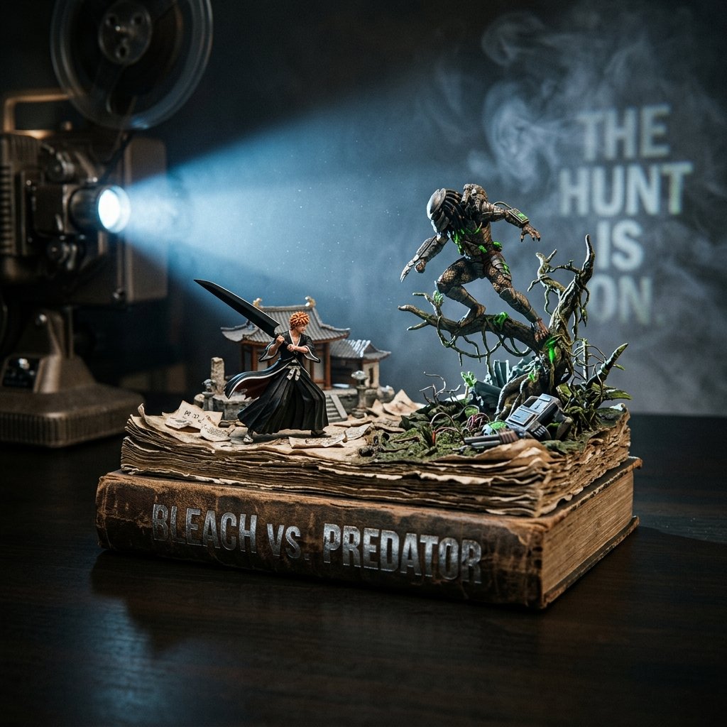 1:1、これをBleach vs. Predatorに対して実行 SELECT cinematic_diorama_master
FROM prop_archive.literary_mashups
 — AI image prompt — Nano Banana 2.1