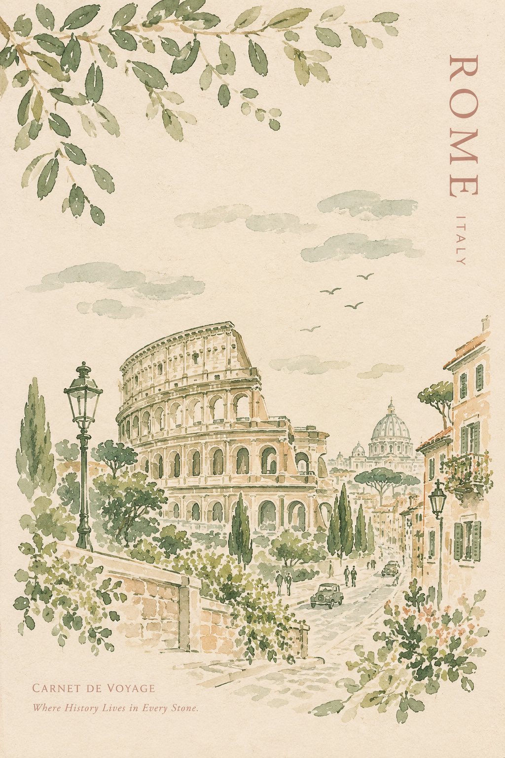 创作一个精美极简的复古旅行日记封面，标题为“[城市，国家]”，以[地标名称]的标志性建筑为特色。

以细腻的手绘风格描绘目的地，运用松散的水彩笔触和富有表现力的墨水速写。包含地标，周围环绕着可辨识的当 — AI image prompt — GPT Image 2.5