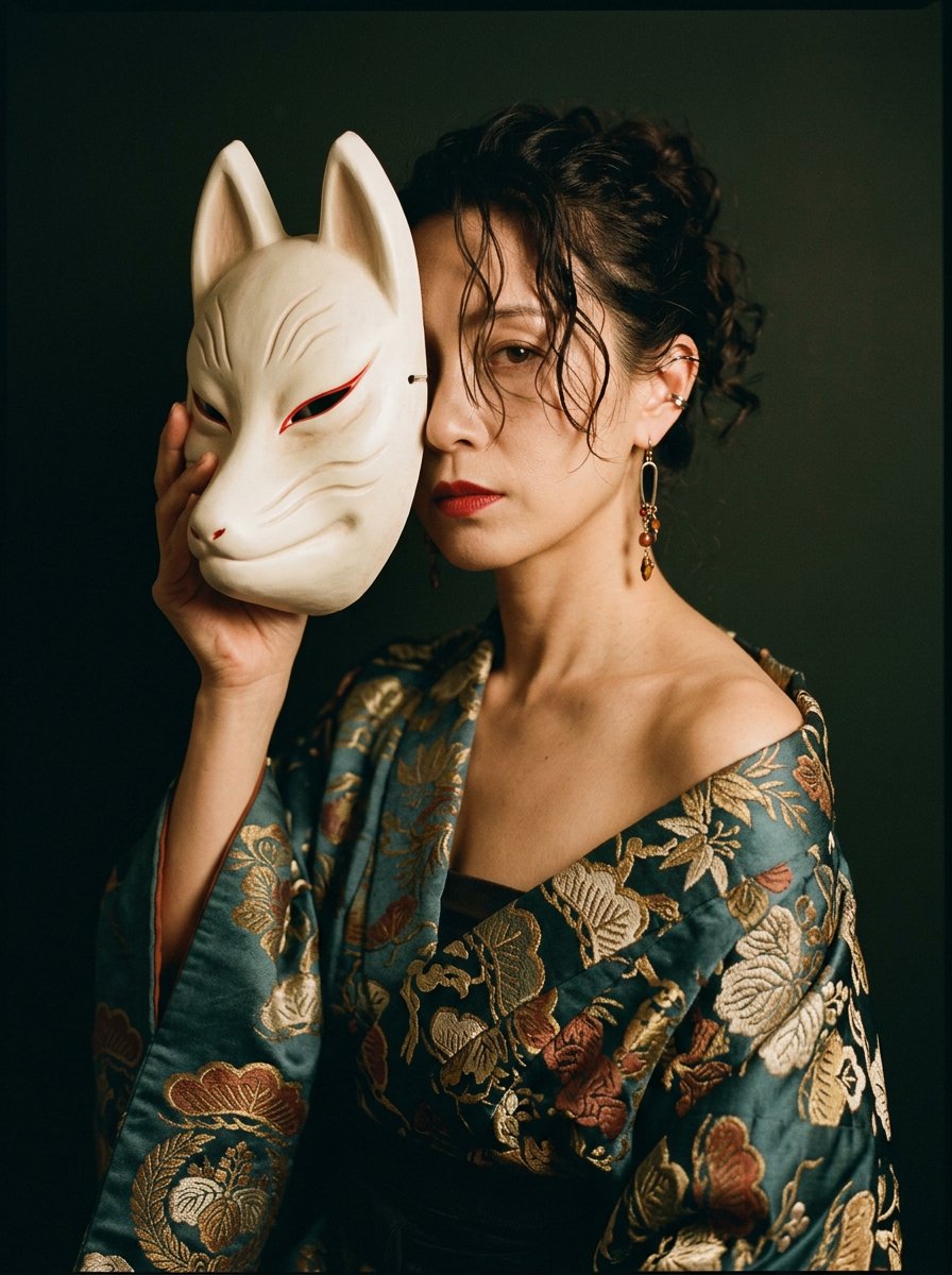 Create a vertical fashion portrait of an adult woman against an almost featureless deep green-black  — AI image prompt — Nano Banana