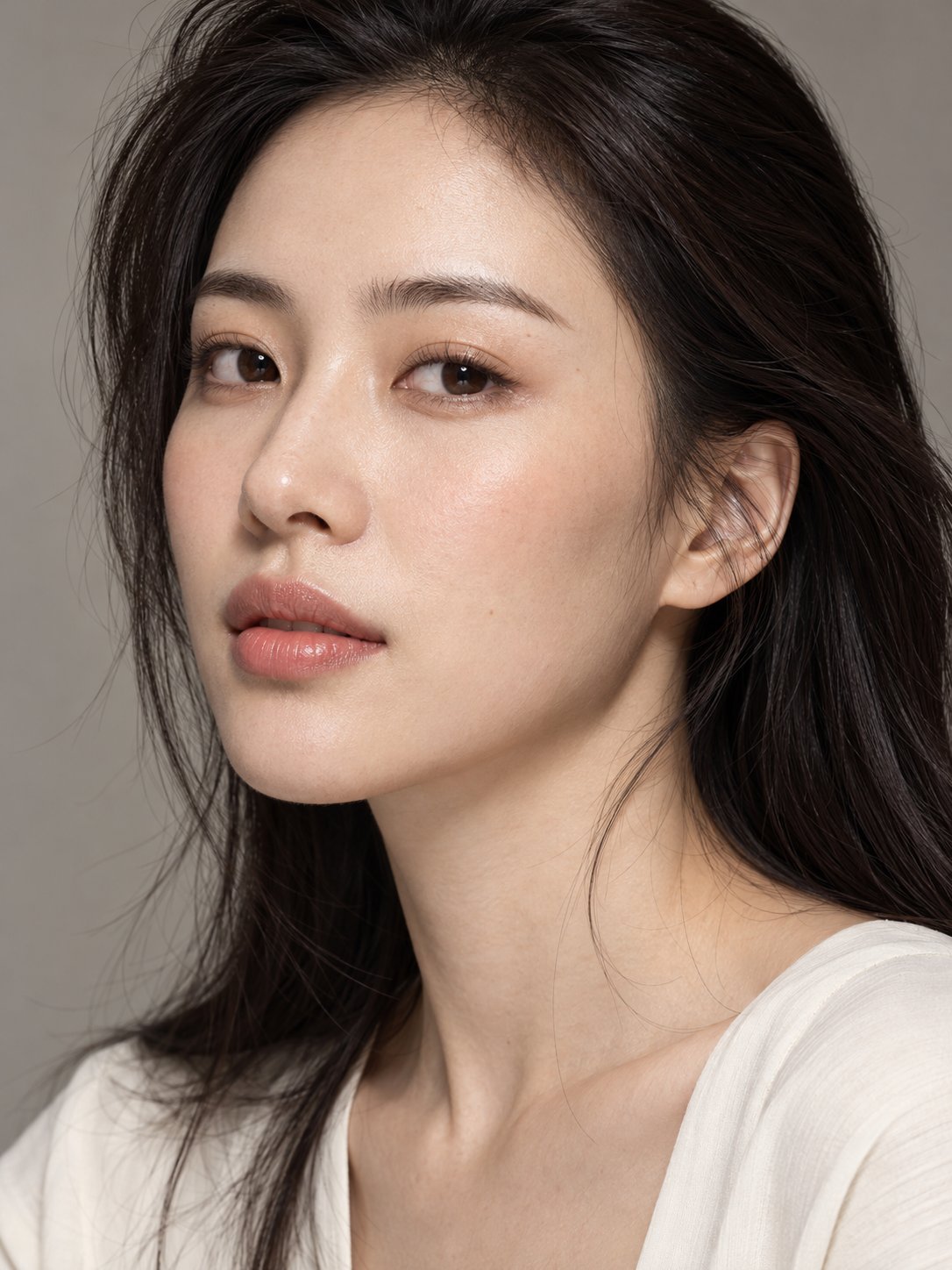 一位28岁东亚女性美妆模特，具有自然真实且富有辨识度的东方女性面部特征。面部呈柔和椭圆形，颧骨结构清晰但不过分突出，下颌线自然流畅，鼻梁比例协调，鼻翼形态真实，深棕色眼睛，眼型自然，眉毛保留细微的真实 — AI image prompt — GPT Image 2.5