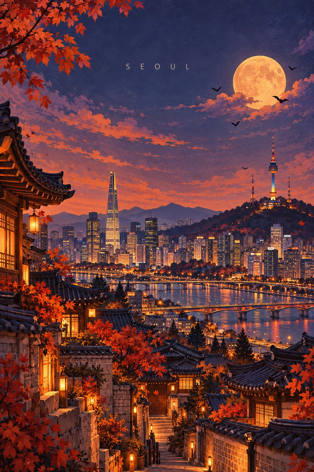 기하학 할로윈 여행 포스터 — AI image prompt — GPT Image 2.5 — Poster, Minimalist, Cityscape - 2