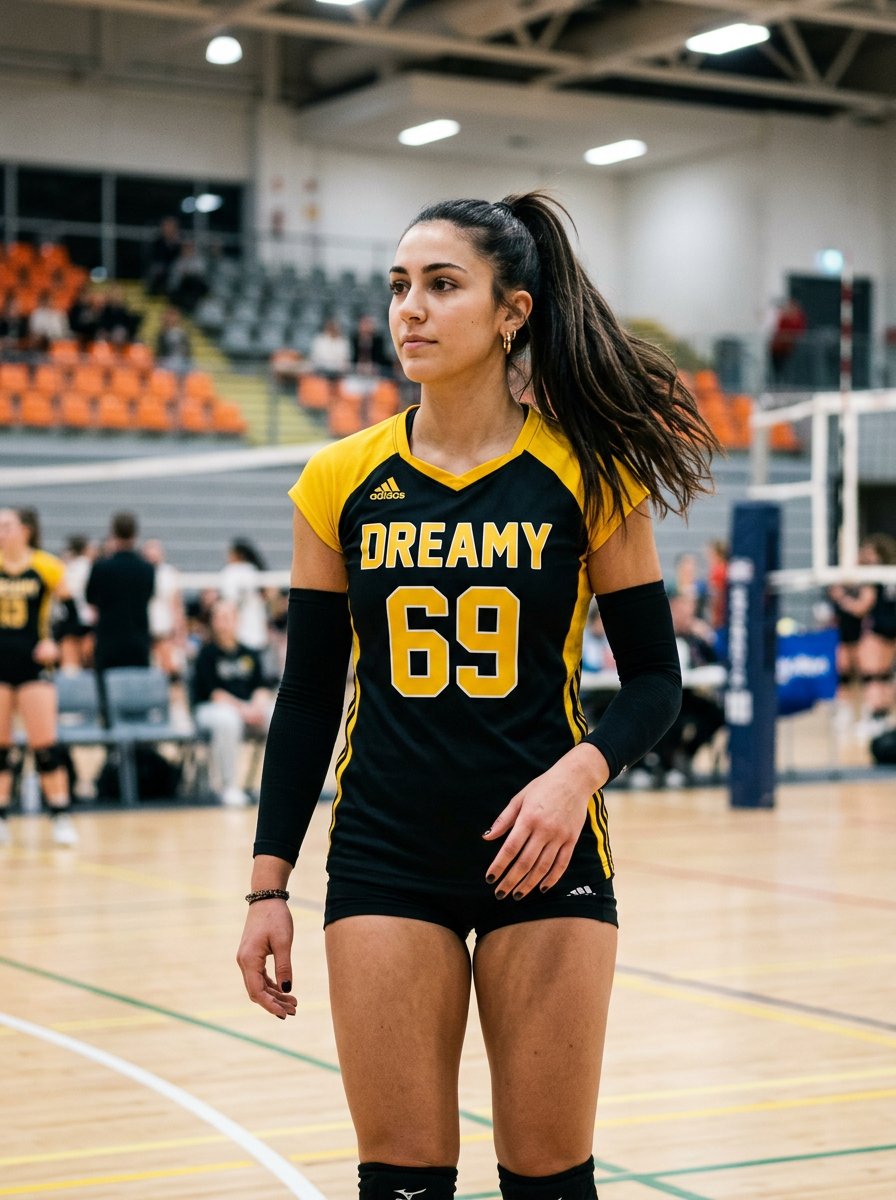 A young woman with long dark hair tied in a high ponytail stands on an indoor volleyball court weari — AI image prompt — Nano Banana