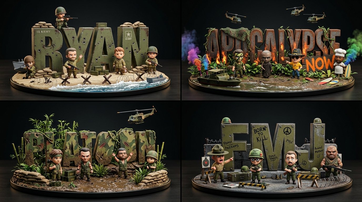 2x2グリッド、16:9、これを4つの有名な戦争映画について行う：class ChibiWordCrewDiorama:
    def __init__(self, topic):
         — AI image prompt — Nano Banana 2.1