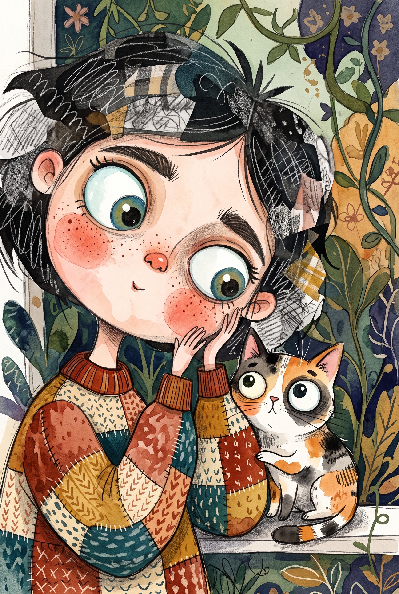 [HUMAN]과 그 옆에 [ANIMAL]이 있는 [SETTING]을 배경으로 한 익스트림 클로즈업 혼합 매체 동화 일러스트. 과장되게 기울어진 머리, 거대하고 비대칭적인 청록색 눈 — AI image prompt — Nano Banana 2.1