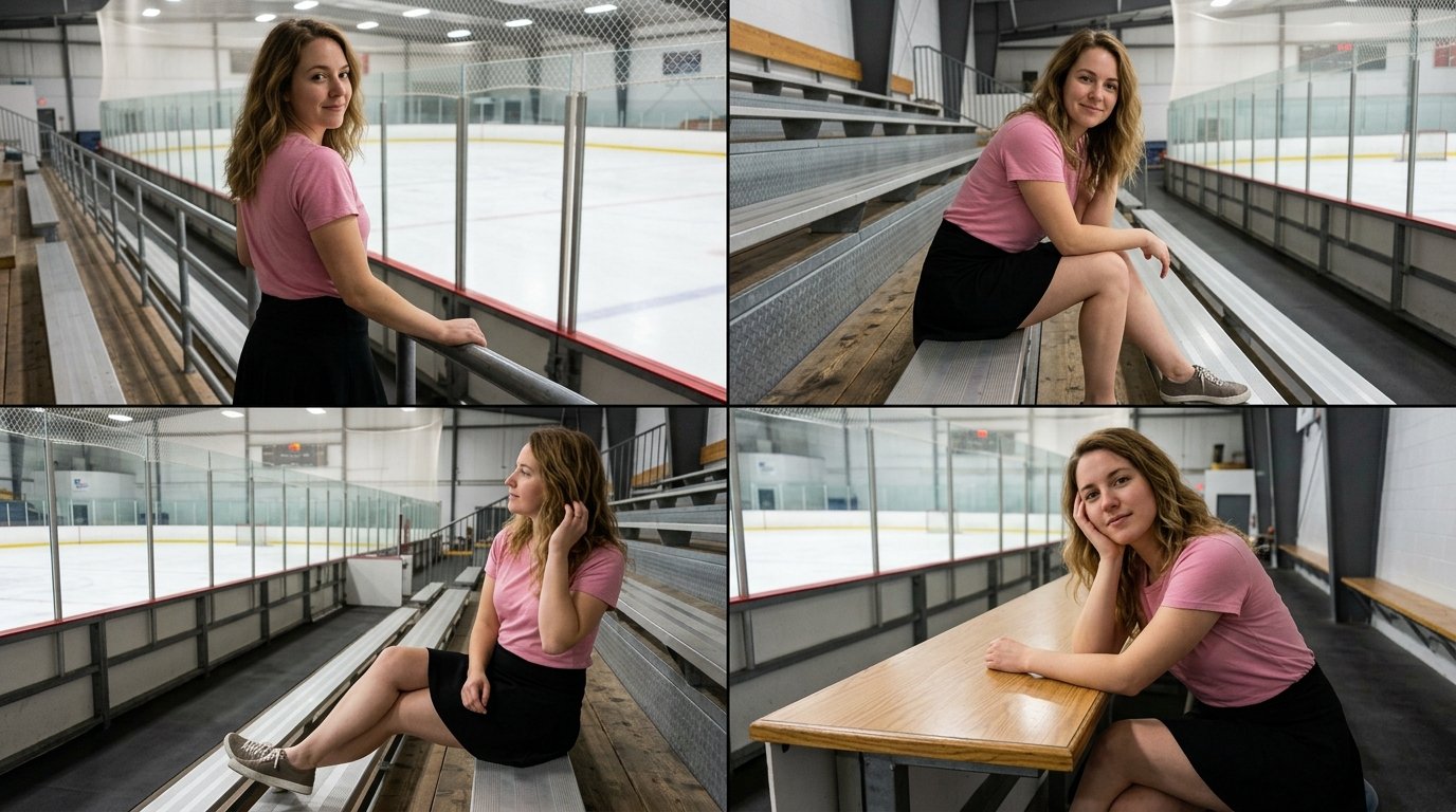 カナダ人女性、25歳、ホッケーリンクにて : K₁ アイデンティティ・ロック（マスター） 4フレームすべてで同一人物 — 顔、髪、年齢、特徴が同一；ドリフトなし。
      ¬K₁ = 顔のドリフト — AI image prompt — Nano Banana 2.1