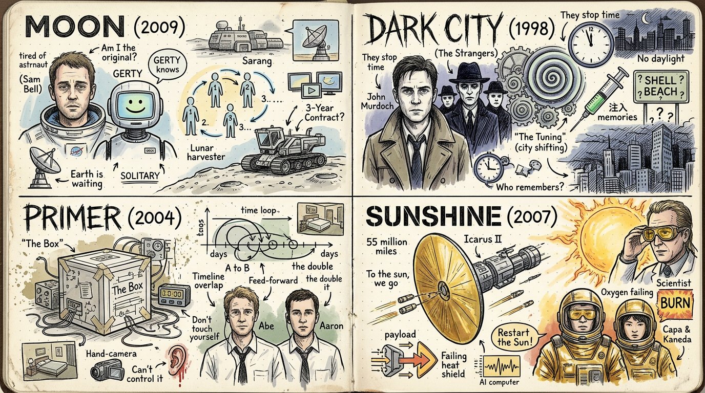 2x2グリッド、16:9、これを評価の低いSF映画4本について行う：スタイル = {
  
  媒体：手描きのスケッチブック見開き、視覚的伝記マップ、ノートの落書きインフォグラフィック、スクラップブッ — AI image prompt — Nano Banana 2.1