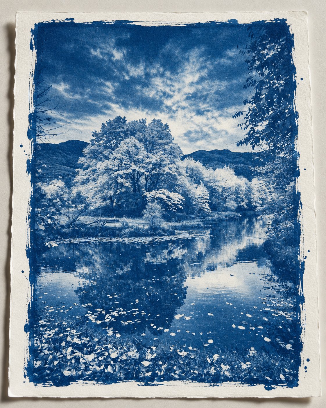 수제 시아노타입 태양 인화 변환 — AI image prompt — GPT Image 2.5 — Macro, Still Life, Vintage - 2
