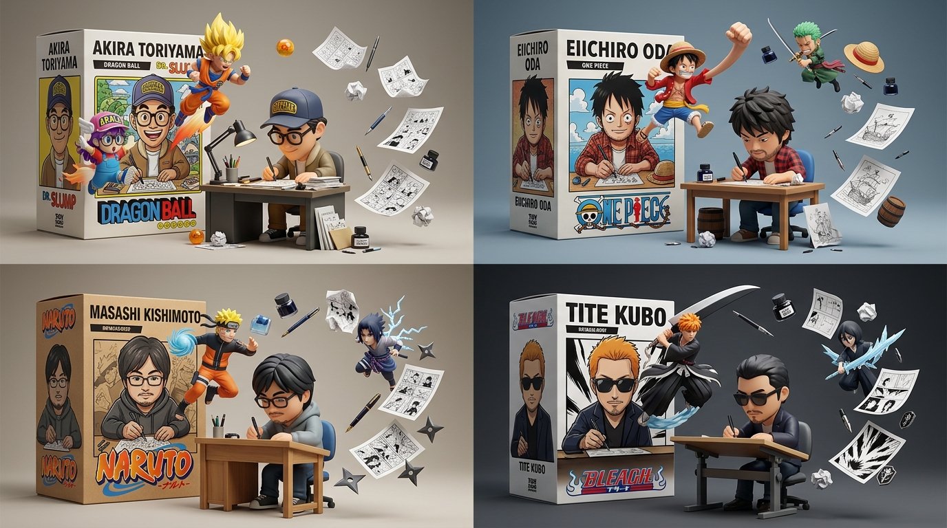 2x2 grid, 16:9, do this for 4 famous manga: B₁  CREATOR FIGURE AT CRAFT (master)   a stylized 3D fig — AI image prompt — Nano Banana 2.1