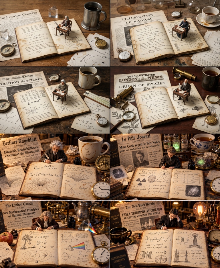 2x2 grid, do this for 4 famous scientists: A macro photograph of a historical scientist's workspace  — AI image prompt — Nano Banana Pro