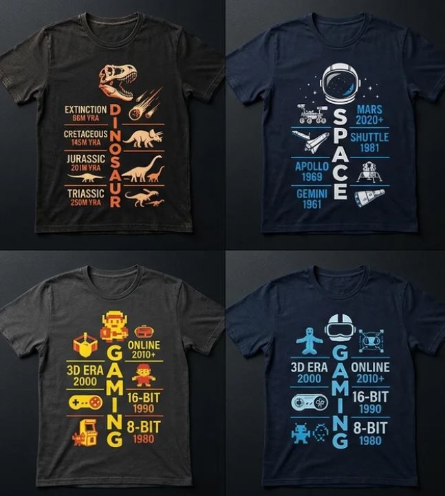 SQL 스타일 토템 타임라인 티셔츠 목업 — AI image prompt — Nano Banana 2.1 — Product Photography, Fashion, Vintage - 2