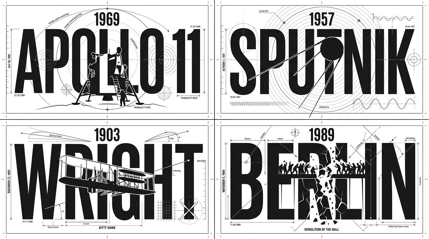 2x2グリッド、16:9、人類を震撼させた4つの有名な日についてこれを行え：class Technical_Typographic_Draft:
    def __init__(self, figu — AI image prompt — Nano Banana 2.1