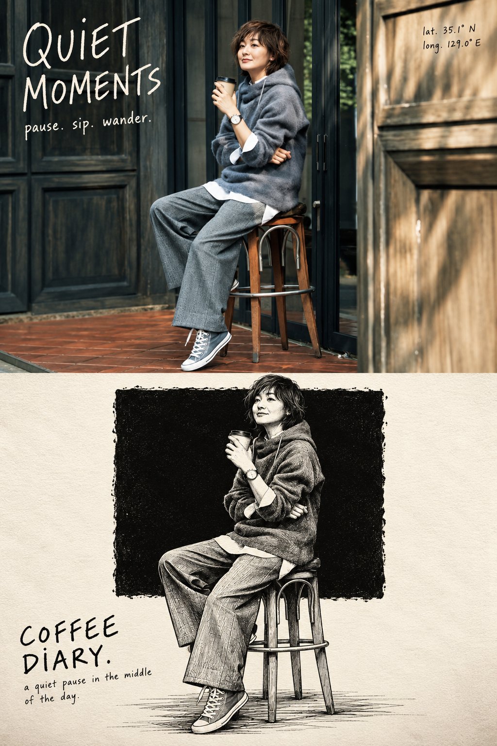 Split Editorial Photo and Scratchboard Poster — AI image prompt — GPT Image 2.5 — Poster, Digital Art, Black & White - 2