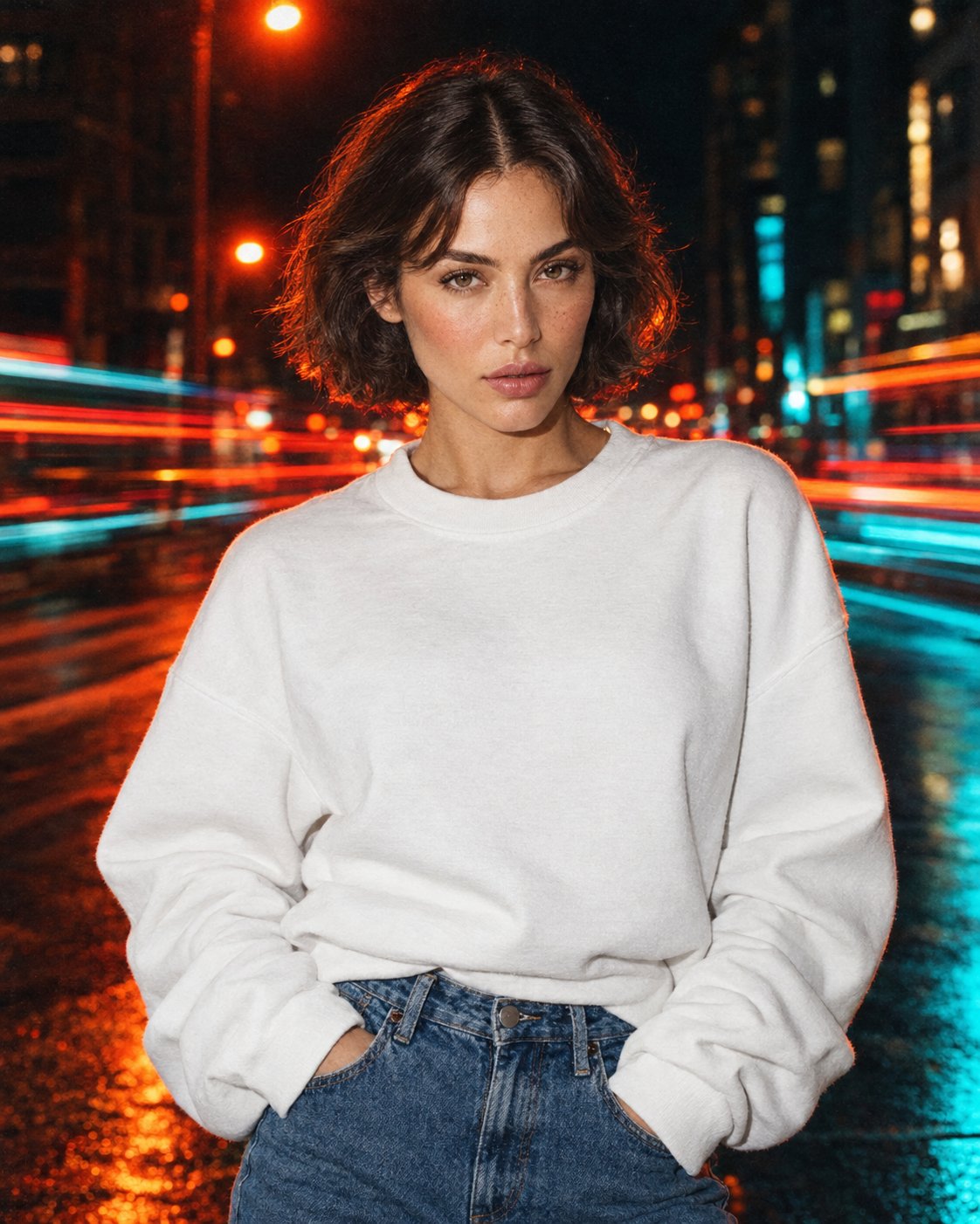 A cinematic, photorealistic fashion editorial portrait of a young woman standing on a city street at — AI image prompt — GPT Image 2.5