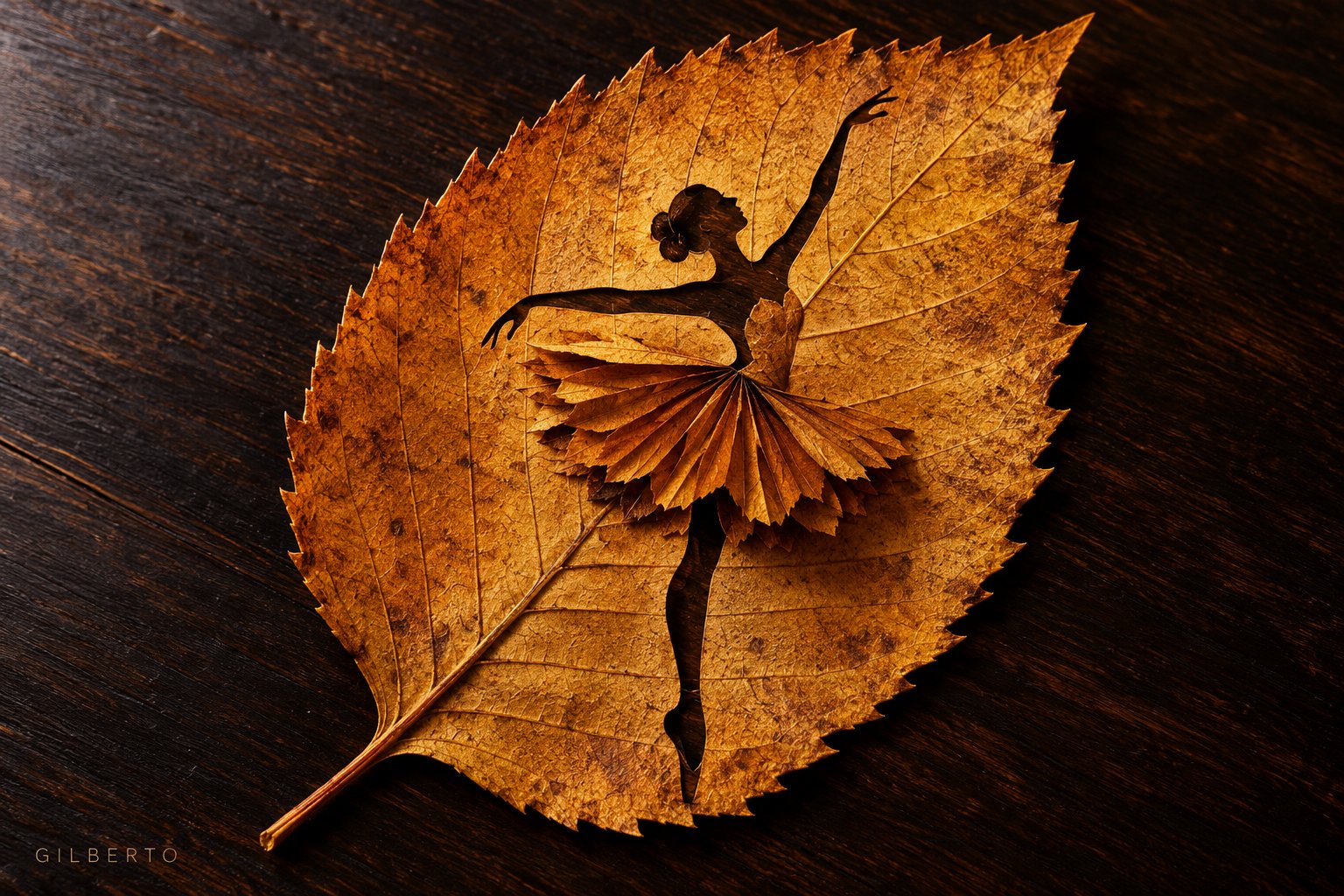 Flat-lay macro photograph of delicate leaf-carving artwork featuring [SUBJECT/POSTURE, e.g., a grace — AI image prompt — GPT Image 2.5