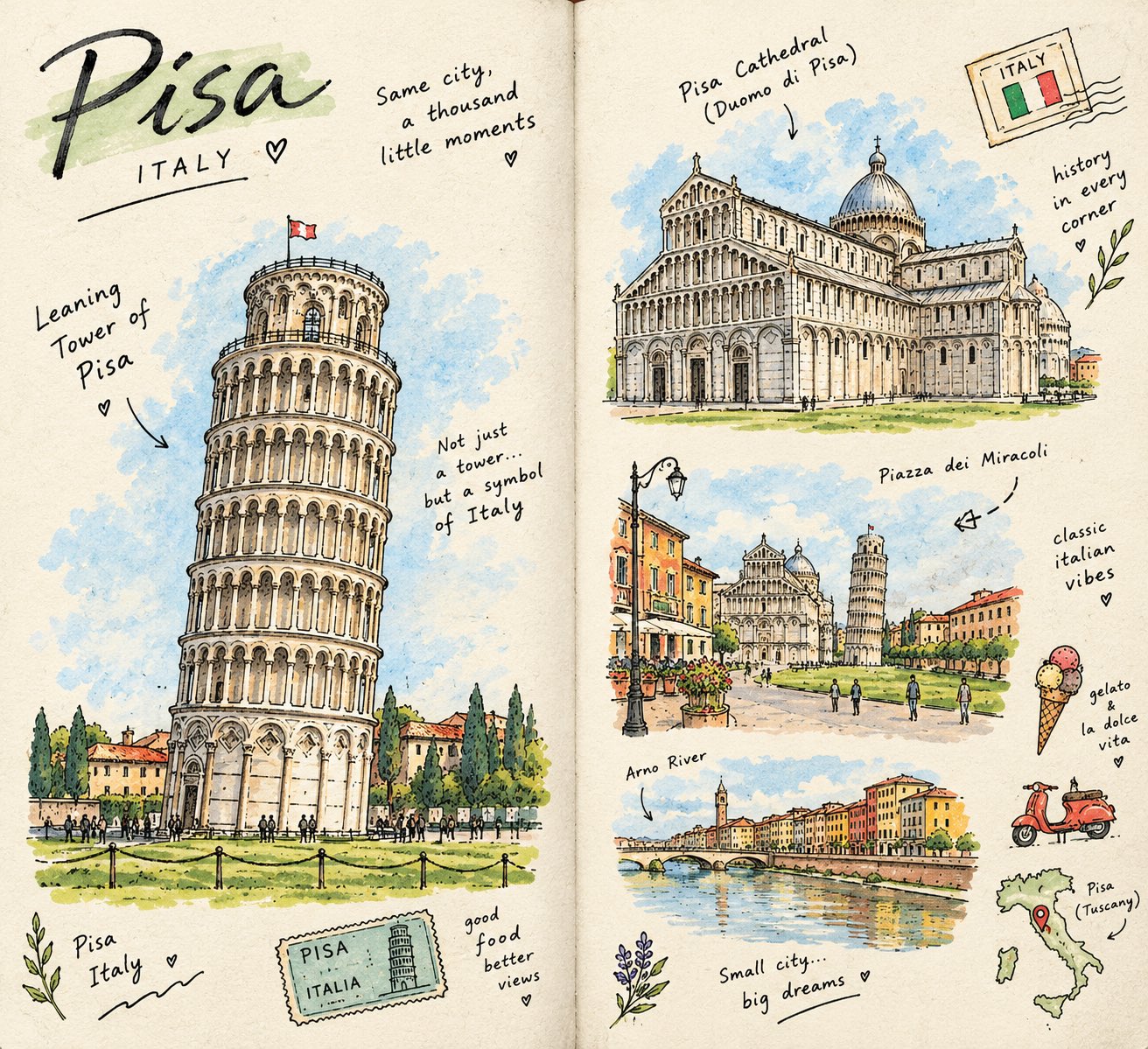 Hand-drawn travel journal sketchbook spread — AI image prompt — GPT Image 2.5 — Watercolor, Vintage, Sketch - 2